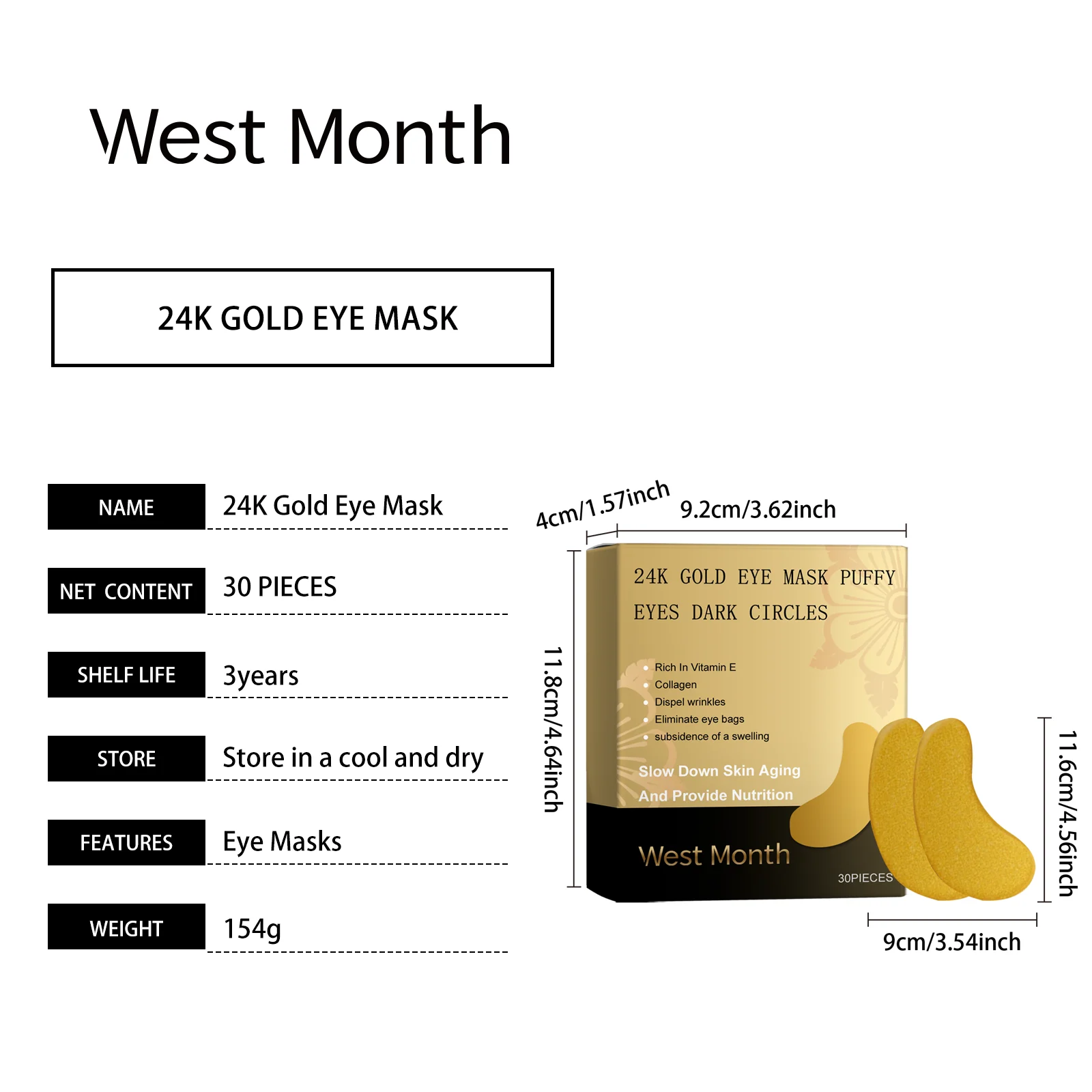 West Month 24K Gold Eye Mask - Hydrating, Firming, Reduce Dark Circles & Puffiness 1 24k gold hydrating firming eye mask wes 2wk4m2pm desc 1