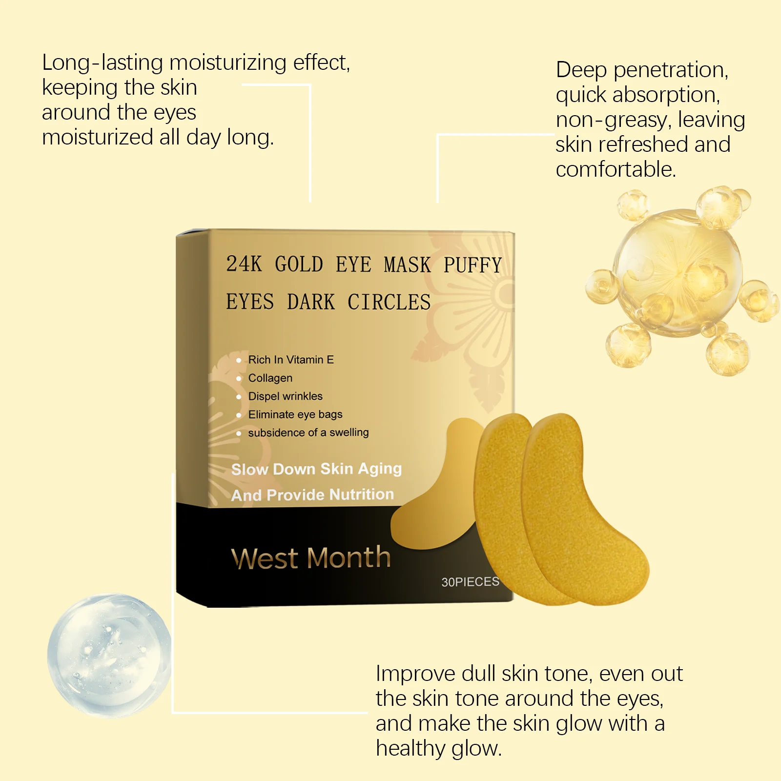 West Month 24K Gold Eye Mask - Hydrating, Firming, Reduce Dark Circles & Puffiness 6 24k gold hydrating firming eye mask wes 2wk4m2pm desc 6