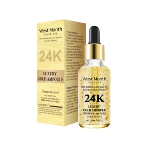 West Month 24K Gold Serum with Hyaluronic Acid and Ceramide EOS in a 30ml luxury ampoule for anti-wrinkle and deep moisturizing.
