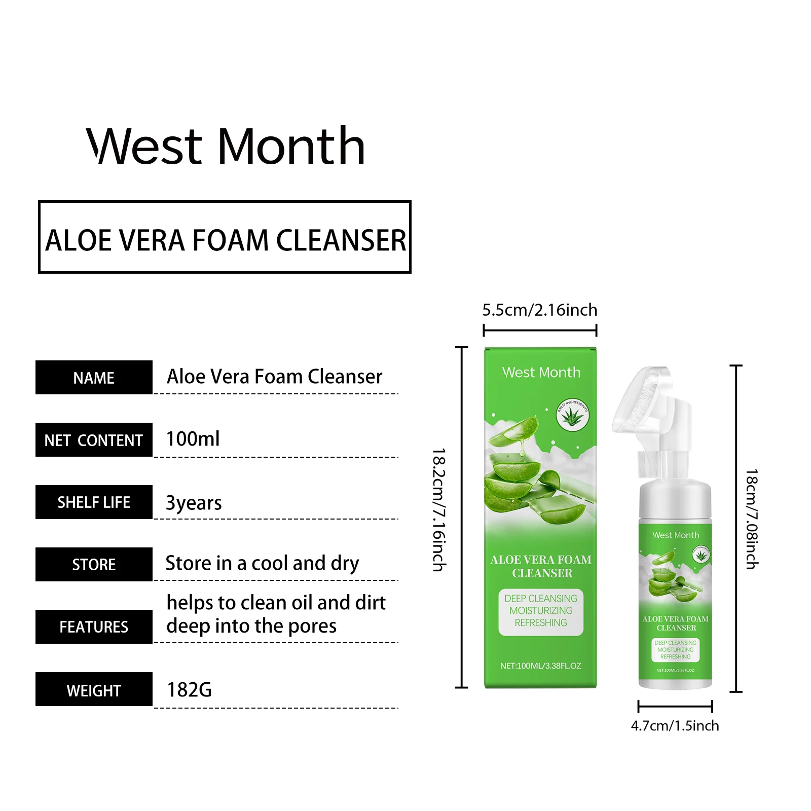 Aloe Vera Foam Cleanser Deep Cleansing Moisturizing Refreshing for All Skin Types 100ml 1 aloe vera foam cleanser deep cleansing moisturizing 100ml wes hhkp4q3g desc 1