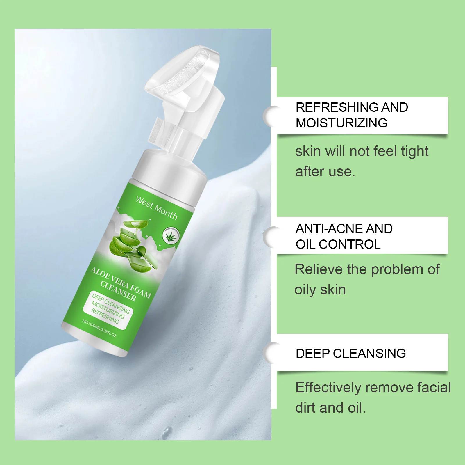 Aloe Vera Foam Cleanser Deep Cleansing Moisturizing Refreshing for All Skin Types 100ml 5 aloe vera foam cleanser deep cleansing moisturizing 100ml wes hhkp4q3g desc 5