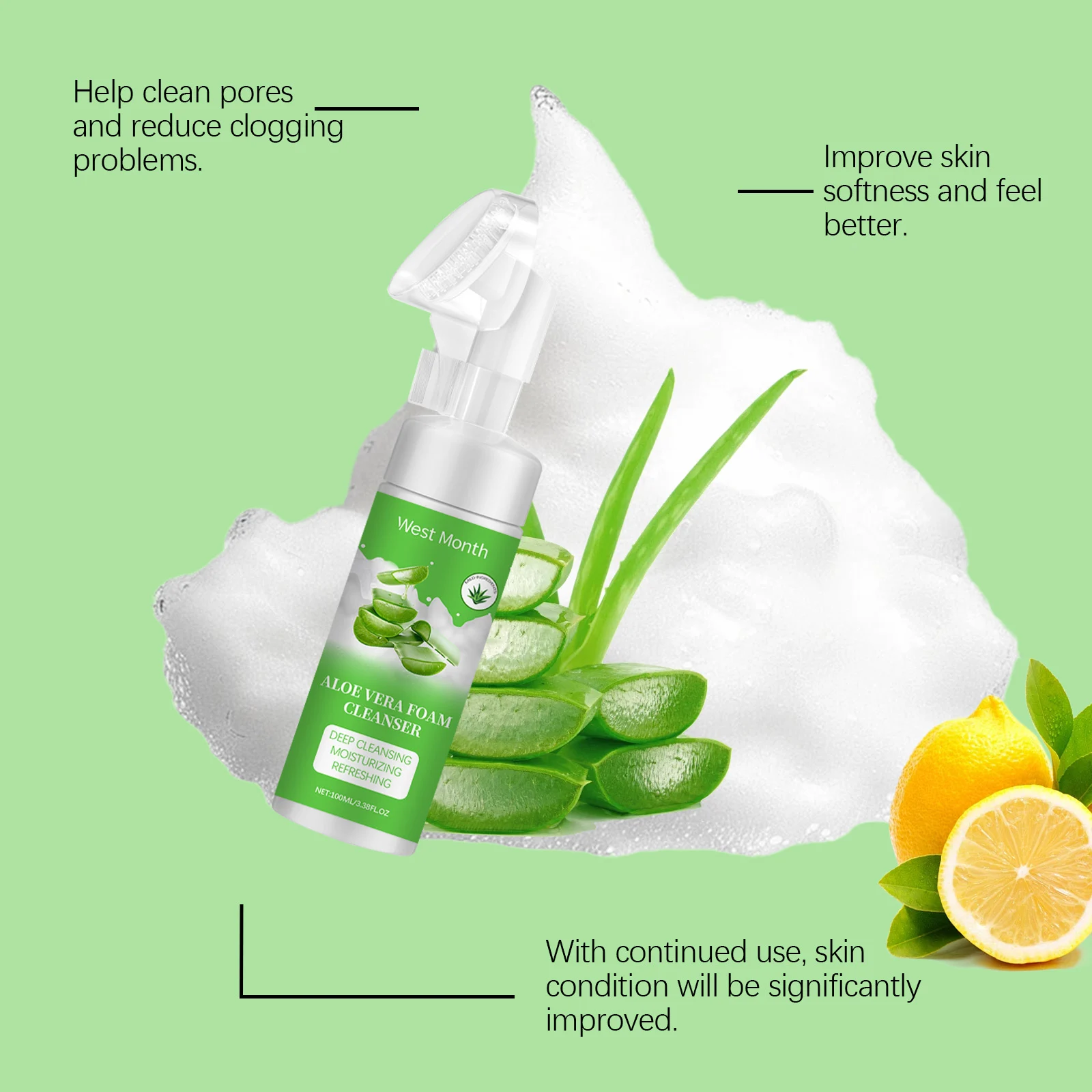 Aloe Vera Foam Cleanser Deep Cleansing Moisturizing Refreshing for All Skin Types 100ml 6 aloe vera foam cleanser deep cleansing moisturizing 100ml wes hhkp4q3g desc 6