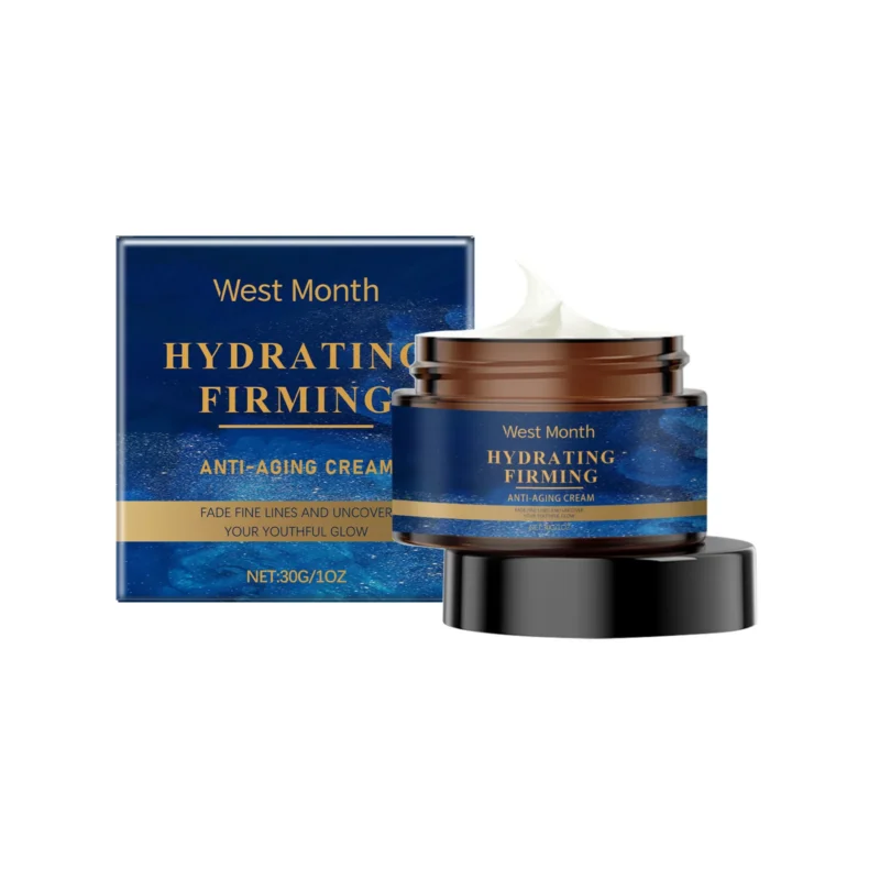 West Month Anti-Aging Firming Cream 30g in a sleek jar, with key ingredients like Hyaluronic Acid and Acetyl Hexapeptide-1 highlighted.