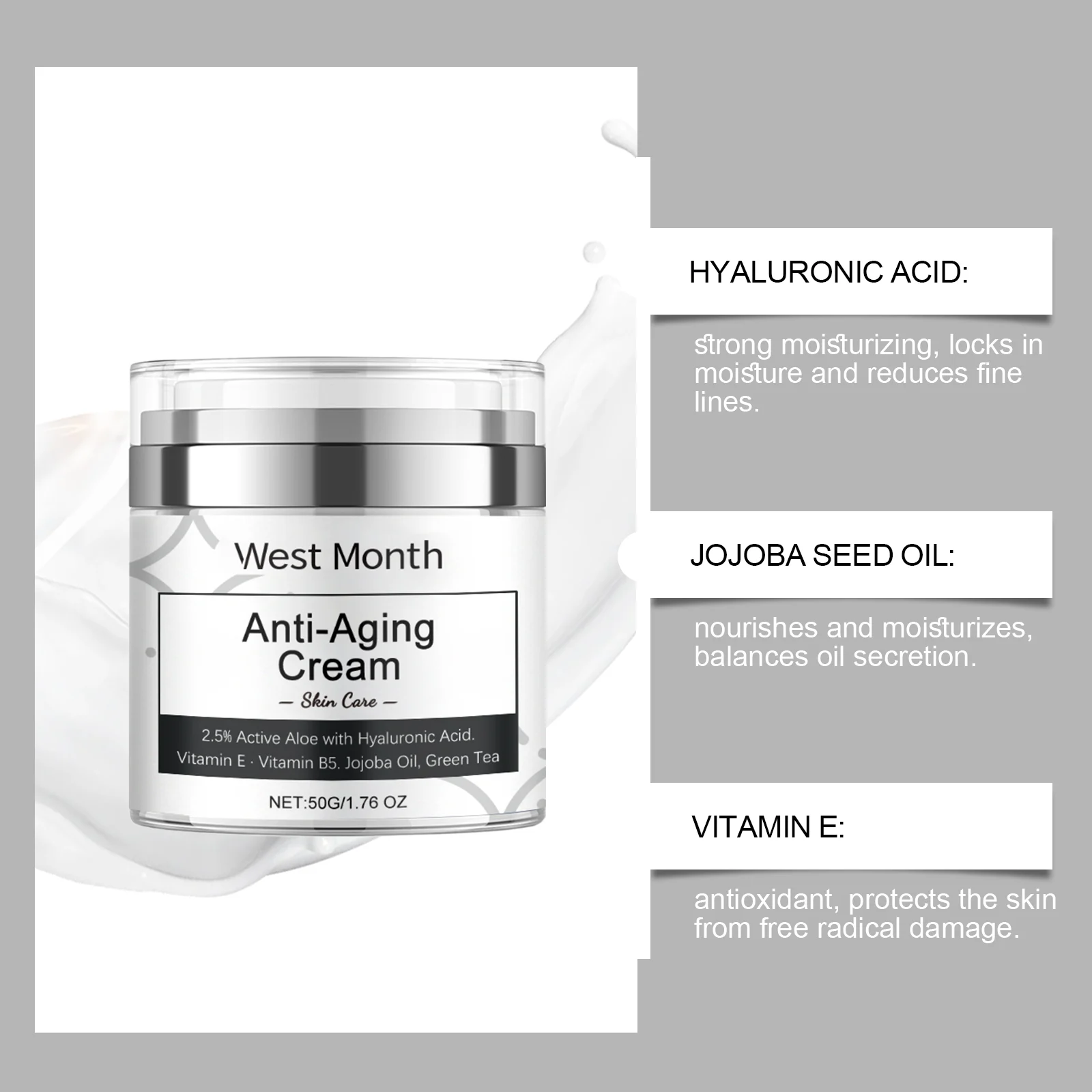 West Month Anti-Aging Cream with Hyaluronic Acid & Vitamin E - Hydrating & Firming Moisturizer 5 anti aging moisturizing cream wes wtuss8gg desc 5