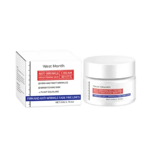 West Month Anti-Wrinkle Firming and Brightening Facial Cream with Hyaluronic Acid and Plant Squalane in a 50g jar.