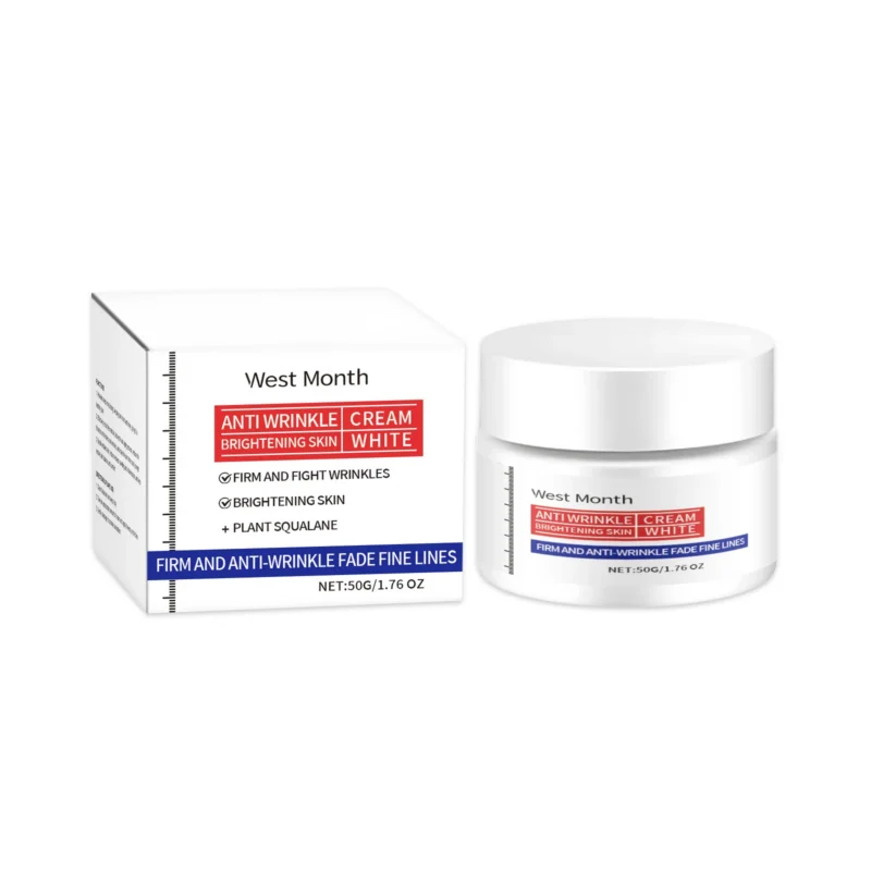 West Month Anti-Wrinkle Firming and Brightening Facial Cream with Hyaluronic Acid and Plant Squalane in a 50g jar.
