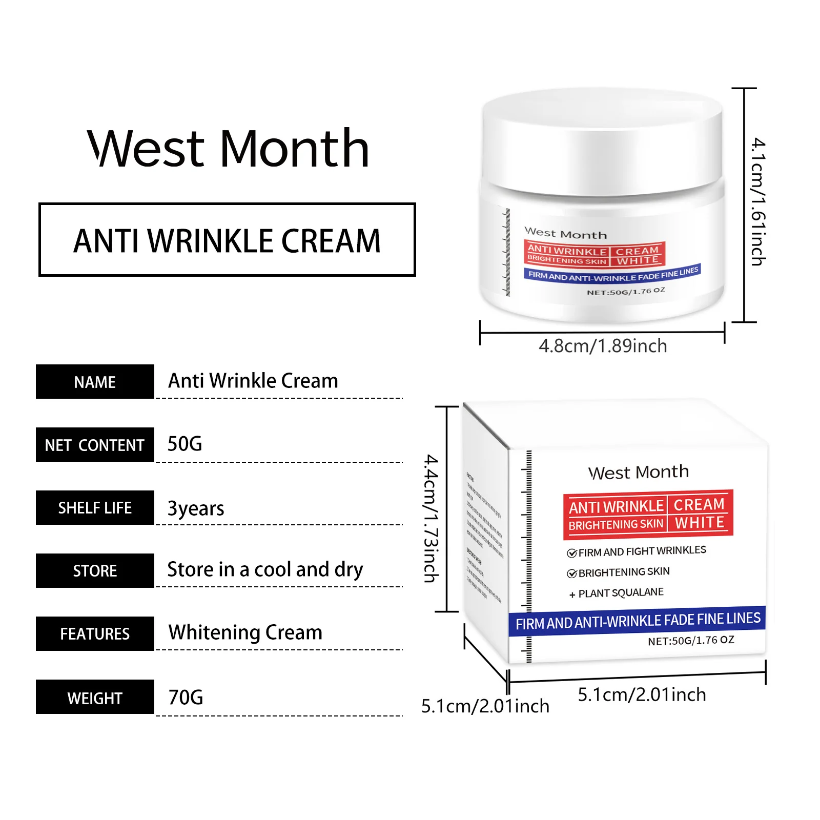 Anti Wrinkle Cream Firming & Brightening Facial Moisturizer with Plant Squalane & Hyaluronic Acid 50g 1 anti wrinkle firming brightening facial moisturizer plant squalane 50g wes vjaz3ua3 desc 1