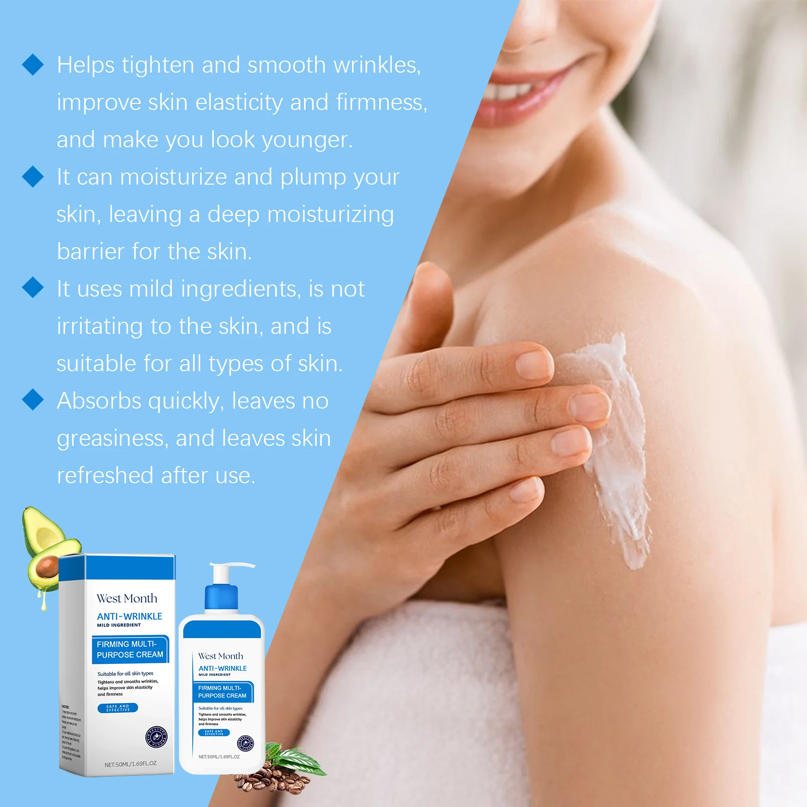 Anti-Wrinkle Firming Cream Moisturizing Tightening Multi-Purpose Face & Body Cream with Coffee Seed Extract & Shea Butter 50ml 8 anti wrinkle firming moisturizing cream 50ml wes drnqeanv desc 8