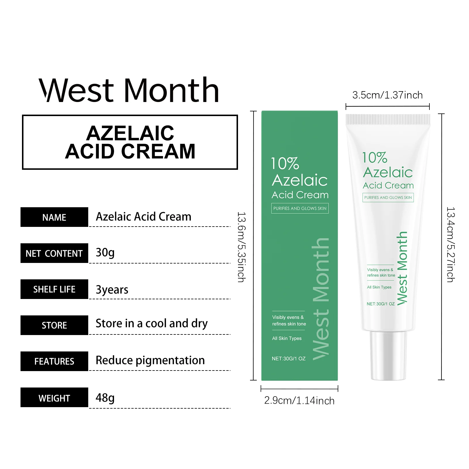 Azelaic Acid Cream 30g for Oily Skin with Vitamin C, Niacinamide for Skin Brightening & Hydration 1 azelaic acid cream 30g oil control brightening wes p3des3na desc 1