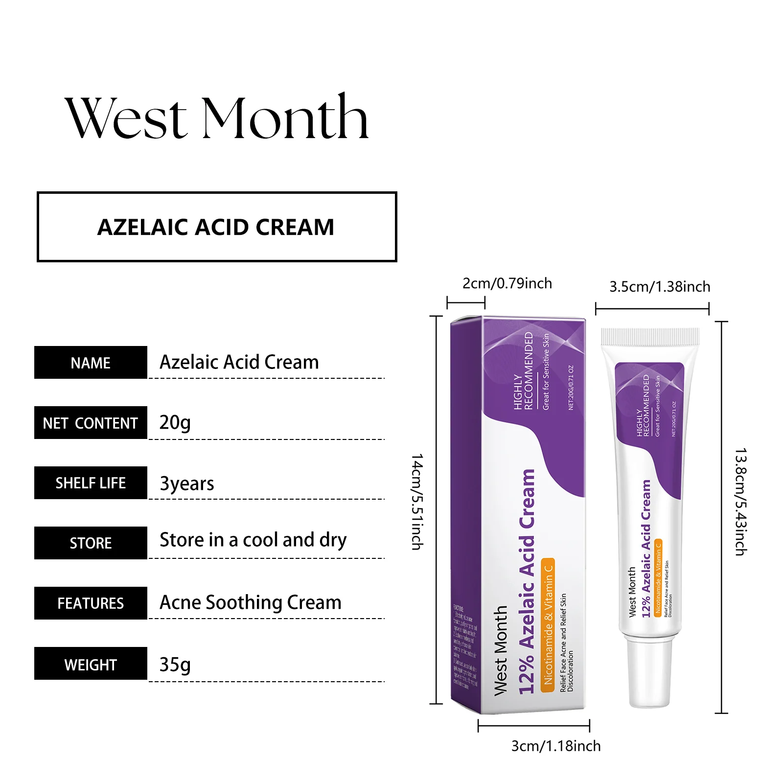Azelaic Acid Repair Cream 12% with Niacinamide & Vitamin C, Soothing Acne Treatment, 20g 1 azelaic acid repair cream 12 percent niacinamide vitamin c 20g wes x26wev2r desc 1