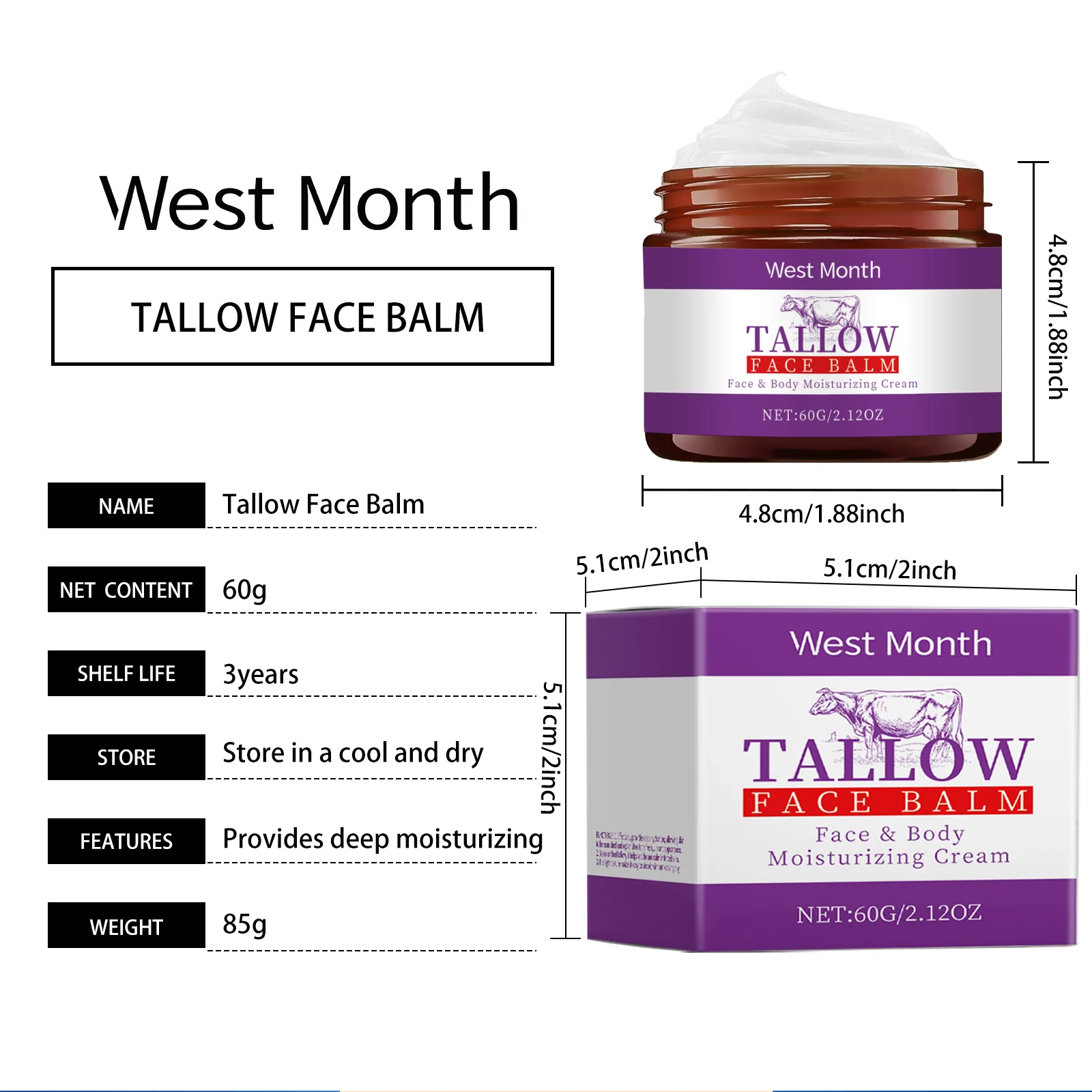Beef Tallow Moisturizing Cream Deeply Nourishing Face & Body Balm for Dry Skin 60g 1 beef tallow moisturizing cream deep nourishing face body balm 60g wes 2h4qad98 desc 1
