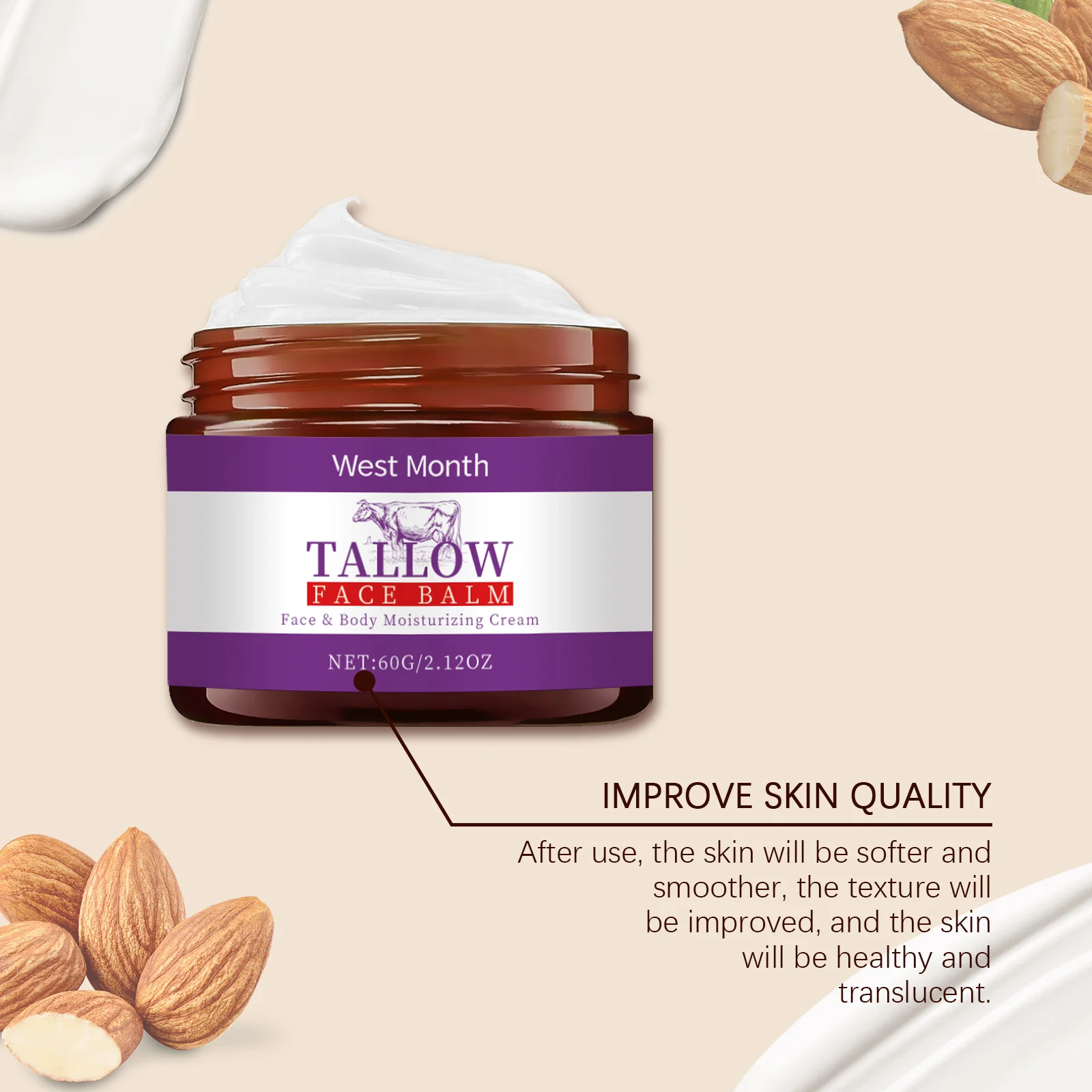 Beef Tallow Moisturizing Cream Deeply Nourishing Face & Body Balm for Dry Skin 60g 8 beef tallow moisturizing cream deep nourishing face body balm 60g wes 2h4qad98 desc 8