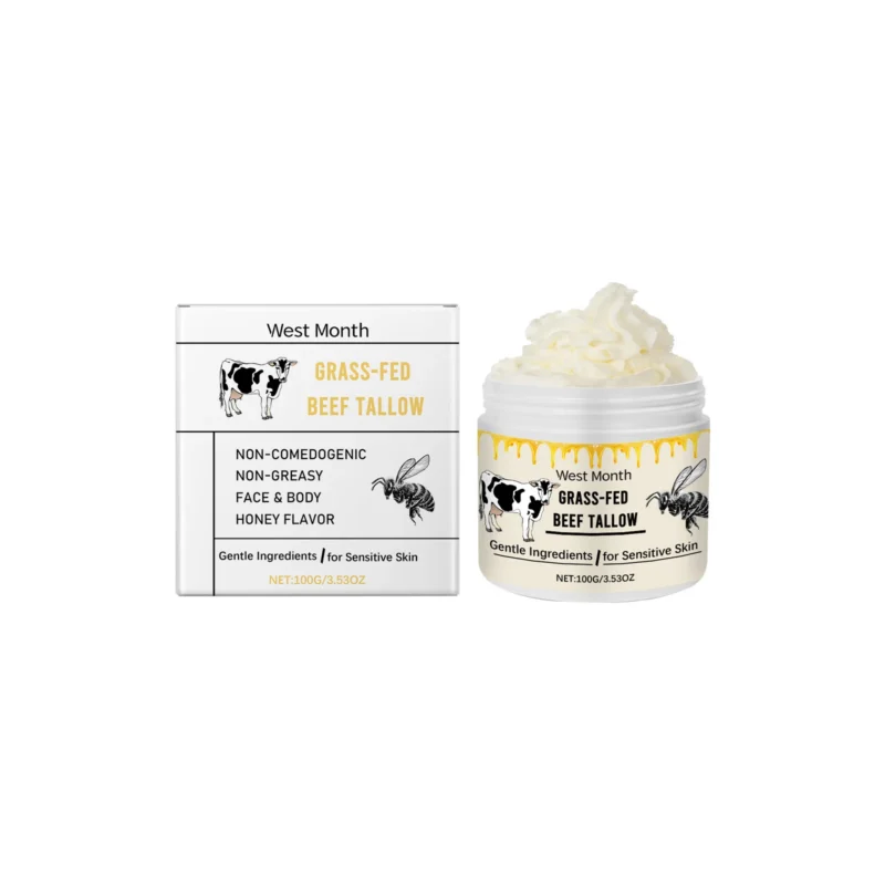 Grass-fed beef tallow moisturizing cream with honey and glycerin for sensitive skin, providing deep nourishment and long-lasting hydration.