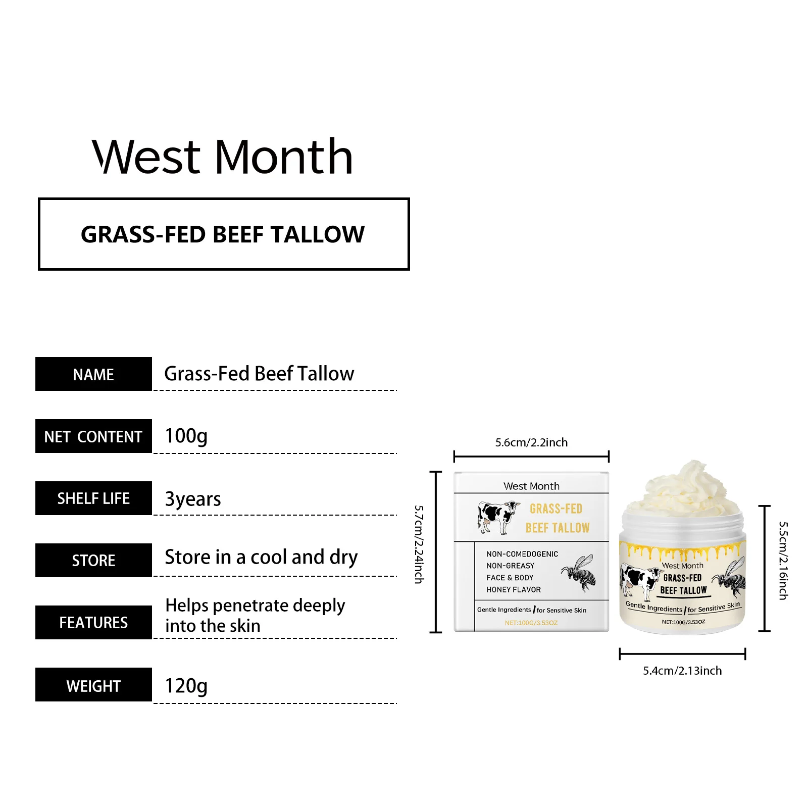 Beef Tallow Moisturizing Cream Grass-Fed Tallow & Honey 100g Nourishing Face & Body Lotion for Sensitive Skin 1 beef tallow moisturizing cream grass fed honey 100g wes h7aqnw6e desc 1