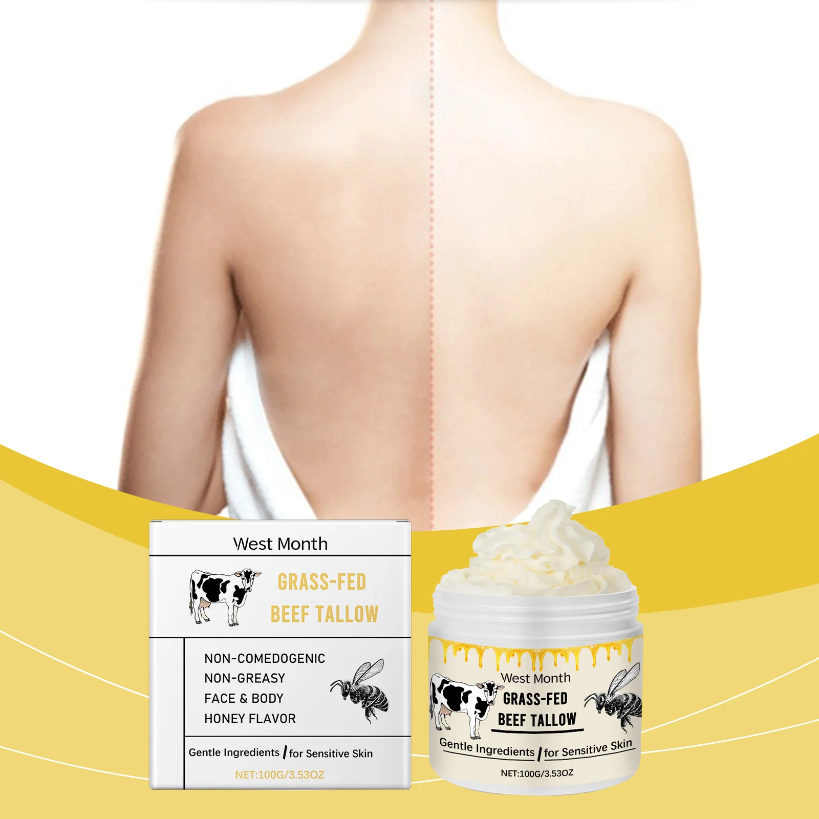Beef Tallow Moisturizing Cream Grass-Fed Tallow & Honey 100g Nourishing Face & Body Lotion for Sensitive Skin 2 beef tallow moisturizing cream grass fed honey 100g wes h7aqnw6e desc 2