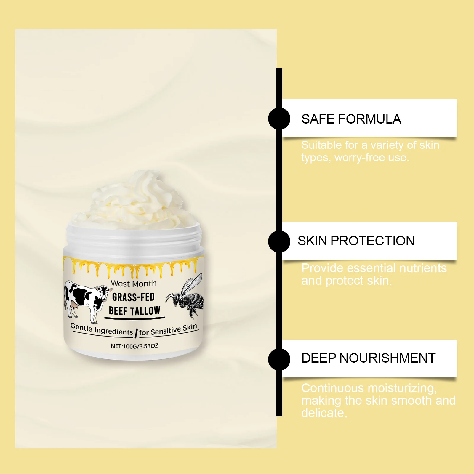 Beef Tallow Moisturizing Cream Grass-Fed Tallow & Honey 100g Nourishing Face & Body Lotion for Sensitive Skin 5 beef tallow moisturizing cream grass fed honey 100g wes h7aqnw6e desc 5