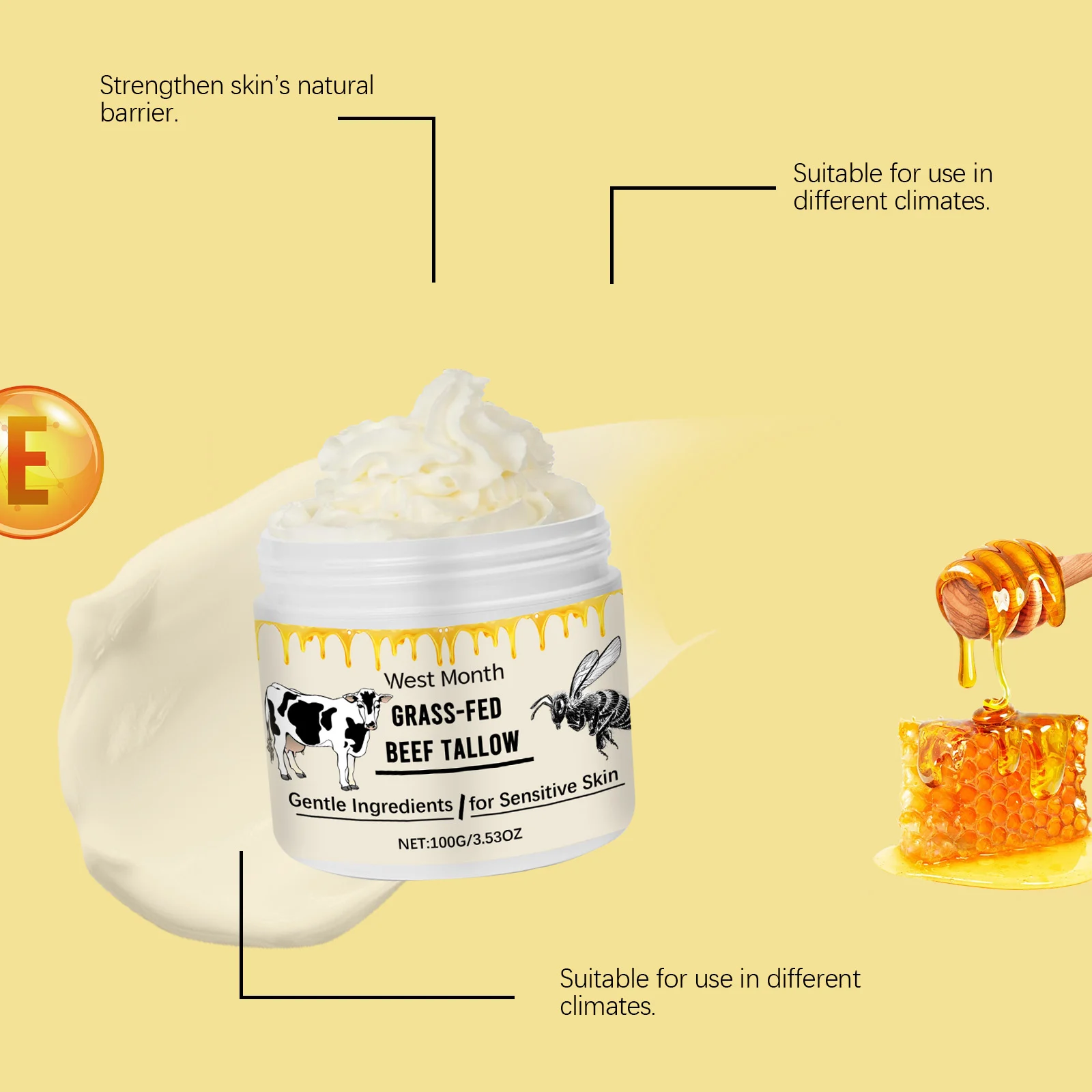 Beef Tallow Moisturizing Cream Grass-Fed Tallow & Honey 100g Nourishing Face & Body Lotion for Sensitive Skin 6 beef tallow moisturizing cream grass fed honey 100g wes h7aqnw6e desc 6