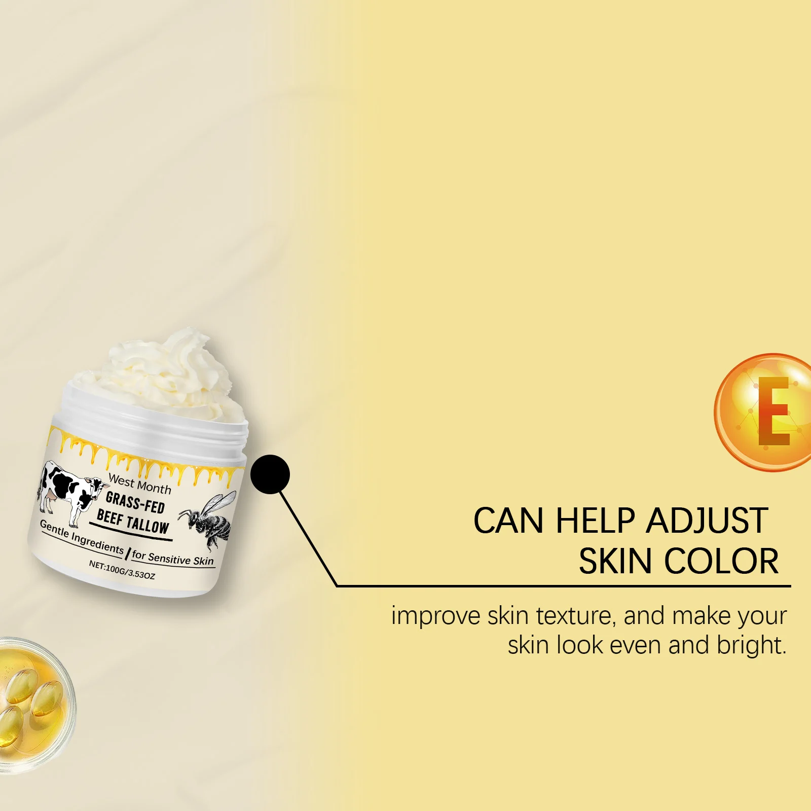 Beef Tallow Moisturizing Cream Grass-Fed Tallow & Honey 100g Nourishing Face & Body Lotion for Sensitive Skin 7 beef tallow moisturizing cream grass fed honey 100g wes h7aqnw6e desc 7