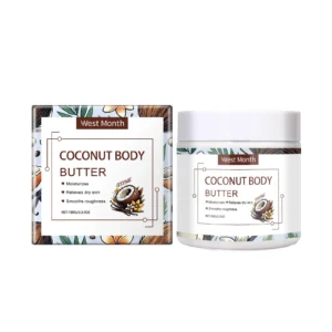 West Month Coconut Body Butter Cream for deep moisturizing, soothing rough skin, and long-lasting hydration in a 100g jar