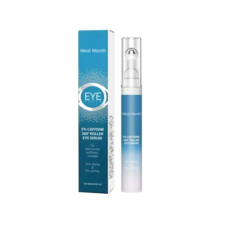 West Month Caffeine Eye Serum 15ml with cooling roller applicator for reducing dark circles, puffiness, and fine lines