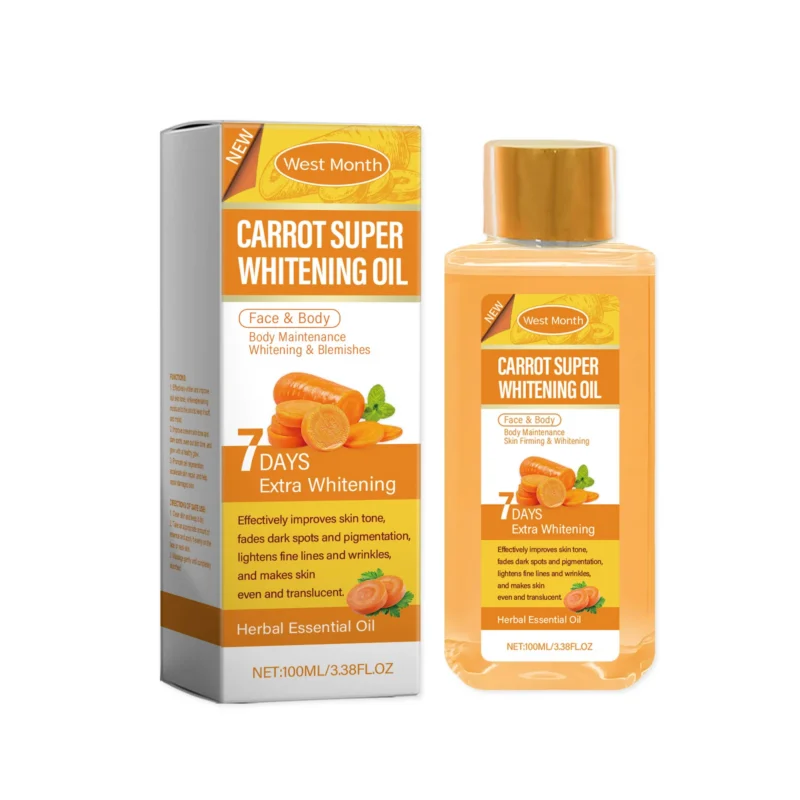 West Month Carrot Super Whitening Oil for Face & Body, 100ml bottle for brightening skin and reducing dark spots.