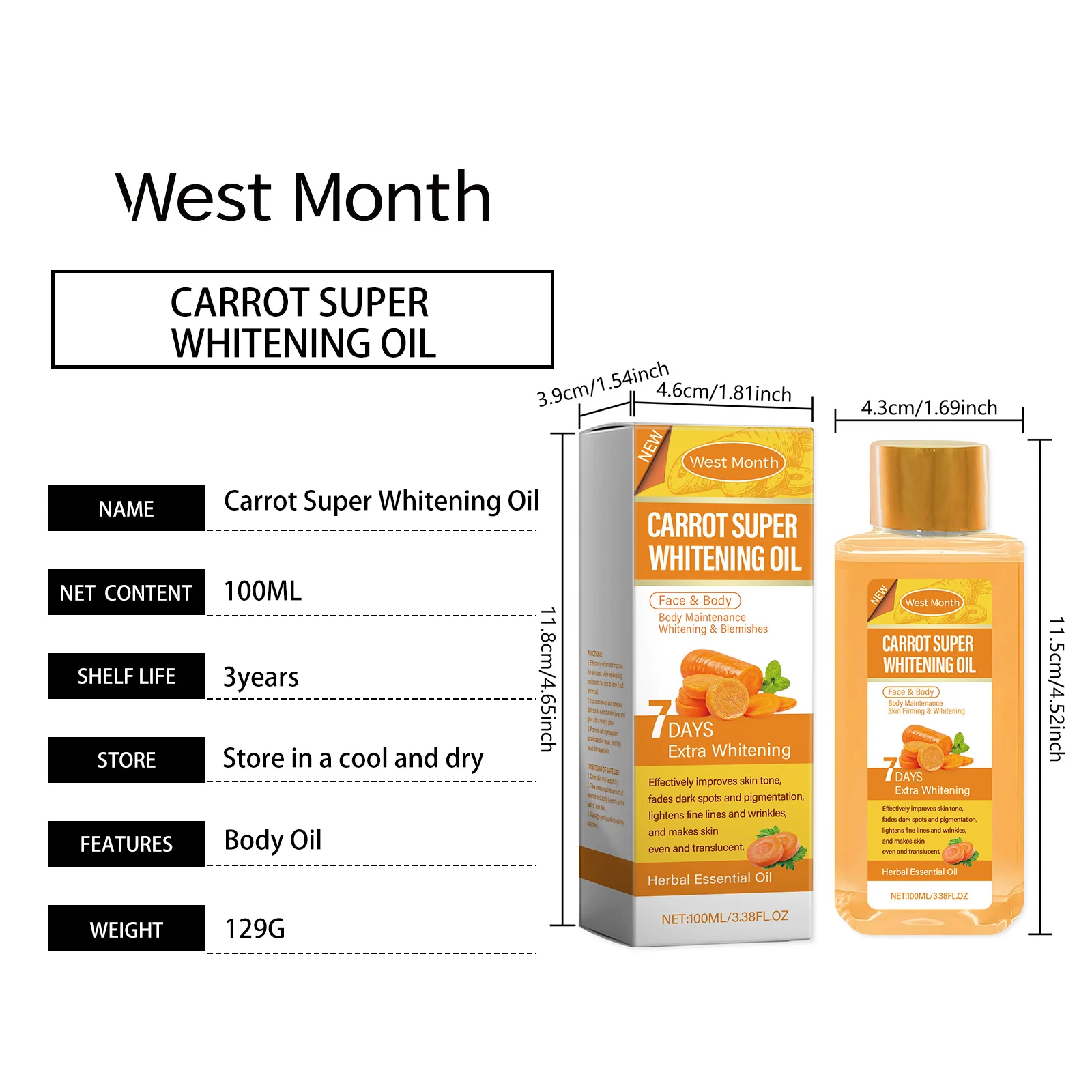 Carrot Whitening Body Oil 100ml for Brightening, Moisturizing & Improving Skin Tone 1 carrot whitening body oil 100ml wes 969g3689 desc 1