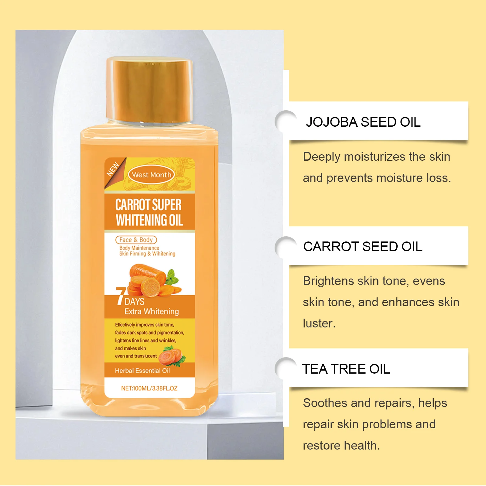 Carrot Whitening Body Oil 100ml for Brightening, Moisturizing & Improving Skin Tone 8 carrot whitening body oil 100ml wes 969g3689 desc 8