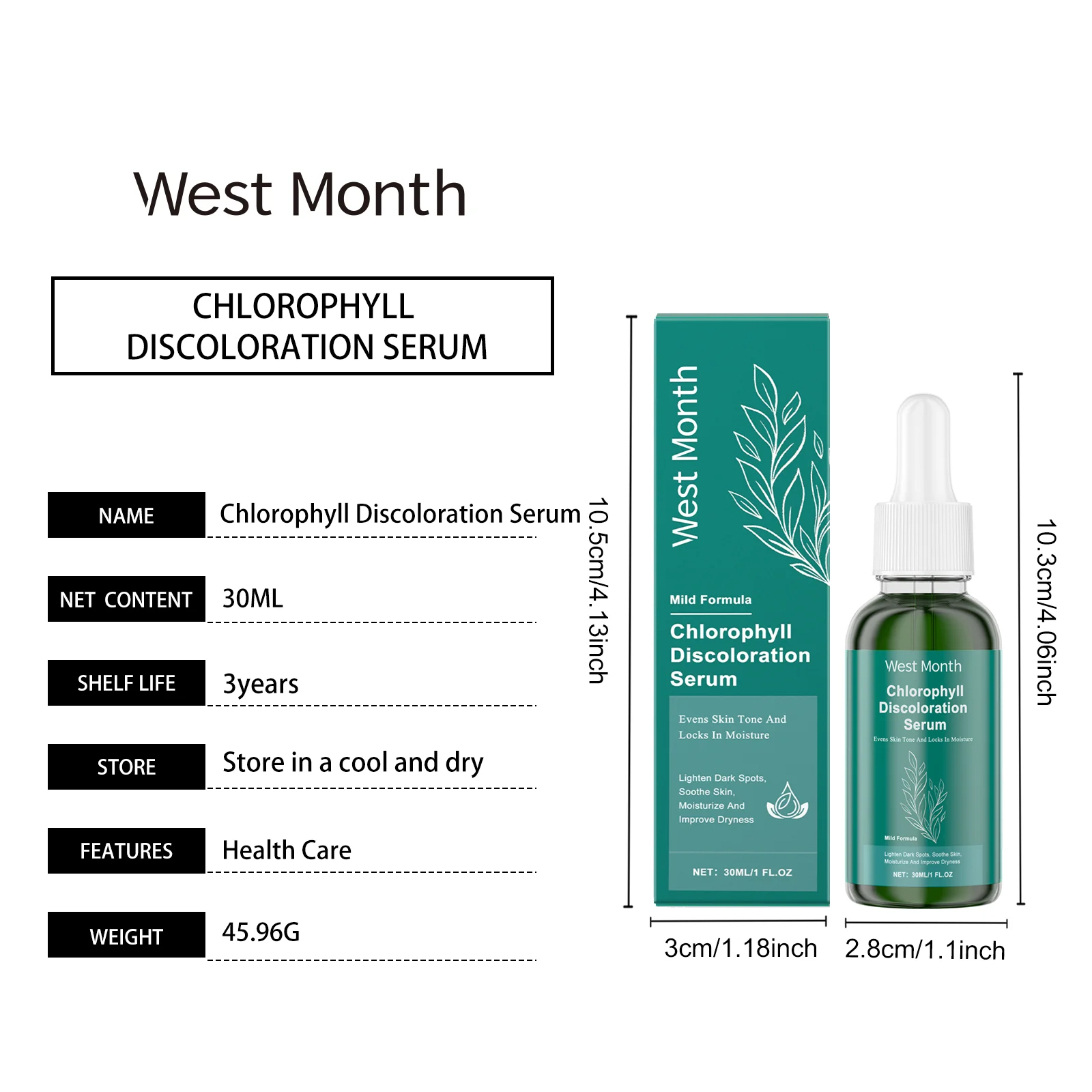 Chlorophyll Discoloration Serum 30ml - Deep Moisturizing, Brightens Skin, Evens Tone 1 chlorophyll discoloration serum 30ml wes g3r2bfus desc 1