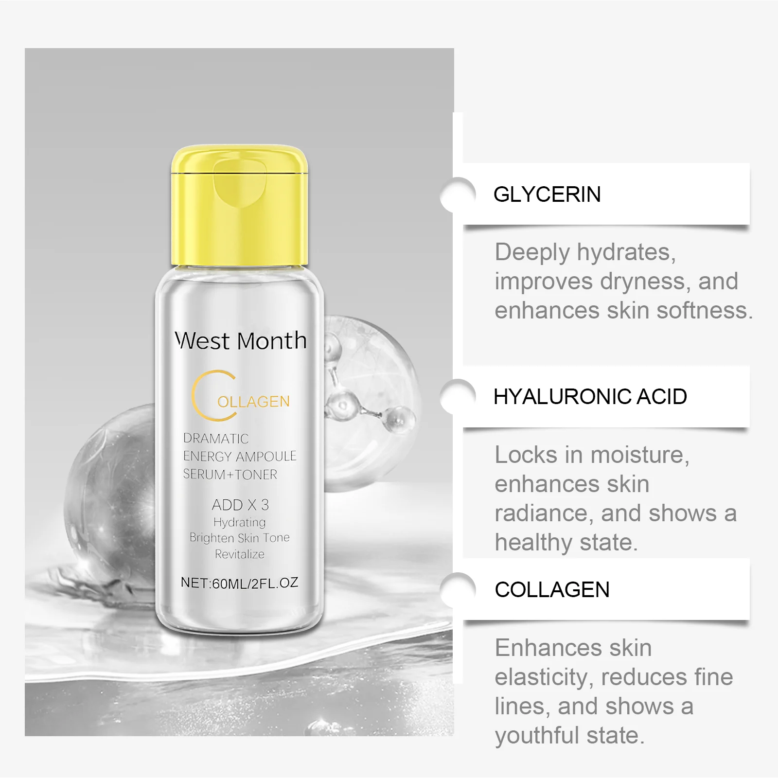Collagen Toner Essence Water 60ml Hydrating Serum for Face Daily Moisturizing 8 collagen toner essence water 60ml wes yxqstmfz desc 8