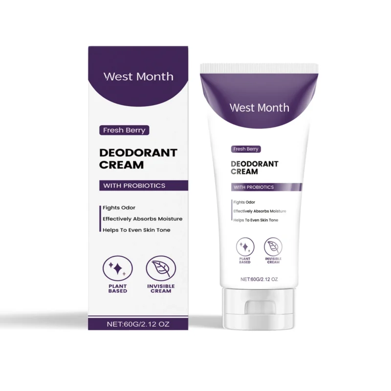 West Month Deodorant Cream with probiotics, blueberry extract, and eucalyptus mint for all-day odor and sweat control.