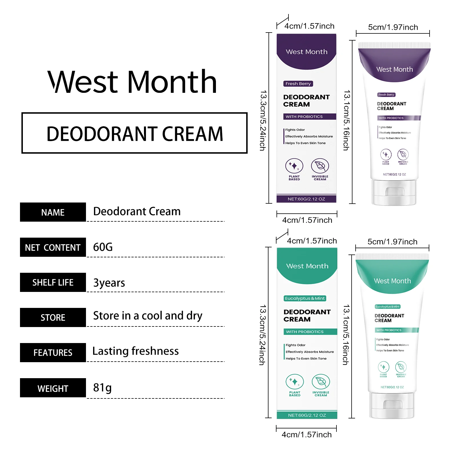 Eucalyptus & Mint Deodorant Cream 60g for Body Odor Control 1 deodorant cream body care fresh berry 60g wes mpmwrp9x desc 1