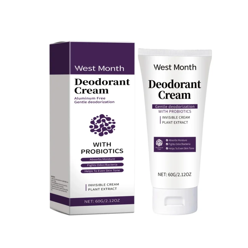 West Month Deodorant Cream with Probiotics in a 60g tube, featuring Shea Butter and Coconut Oil for long-lasting freshness and moisture.