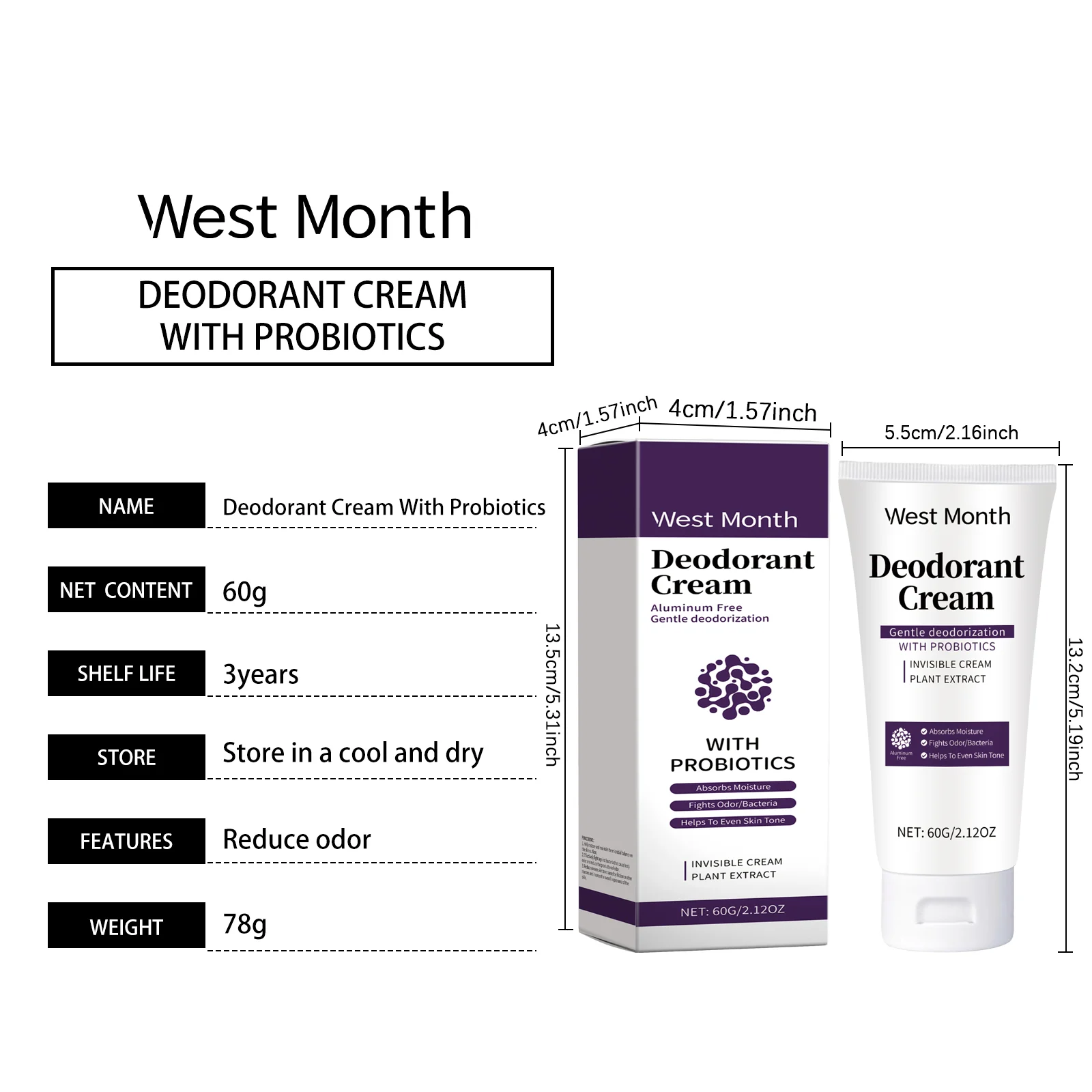 Deodorant Cream With Probiotics 60g Aluminum-Free Body Care Lotion for Freshness & Skin Tone 1 deodorant cream with probiotics 60g aluminum free wes tghtj623 desc 1
