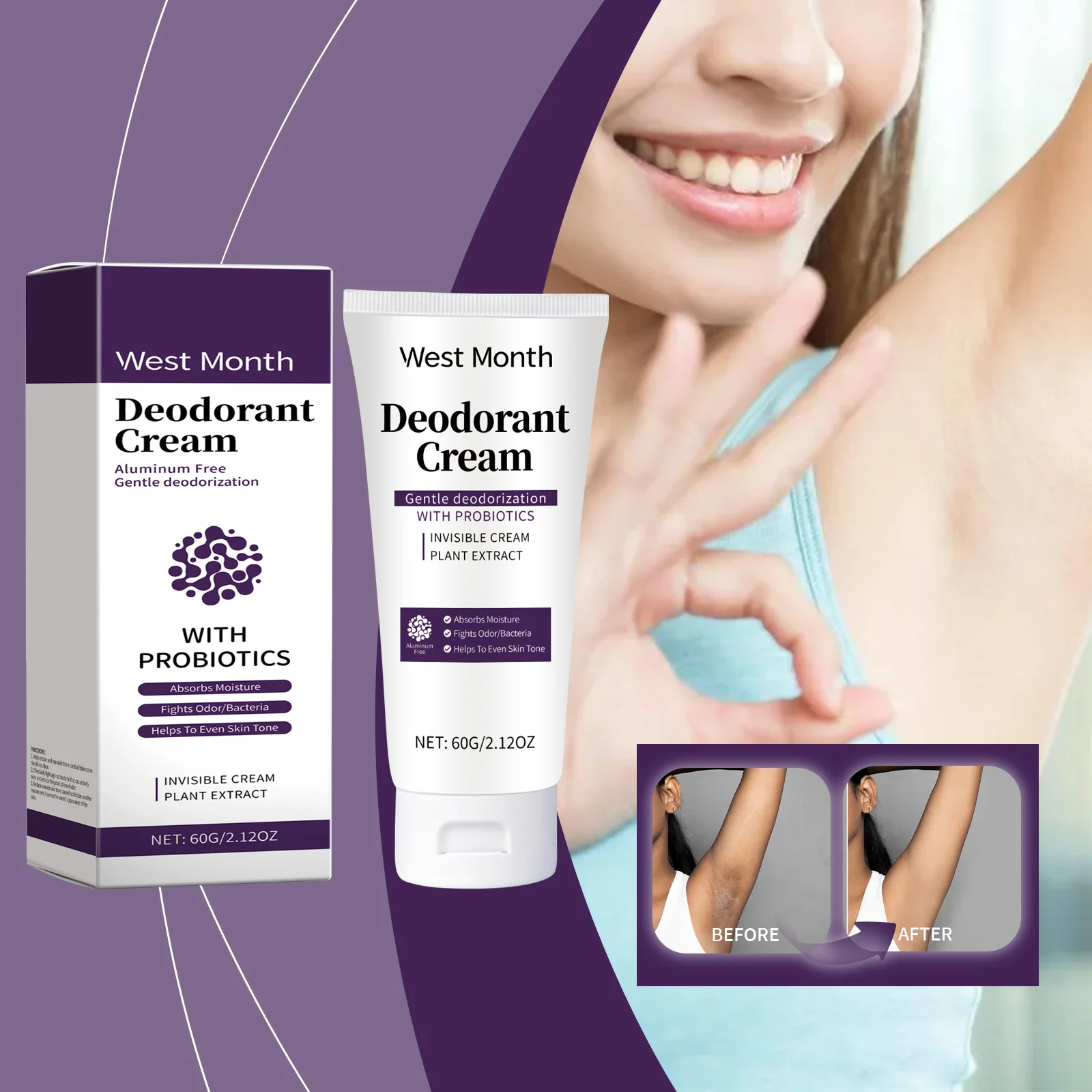 Deodorant Cream With Probiotics 60g Aluminum-Free Body Care Lotion for Freshness & Skin Tone 2 deodorant cream with probiotics 60g aluminum free wes tghtj623 desc 2