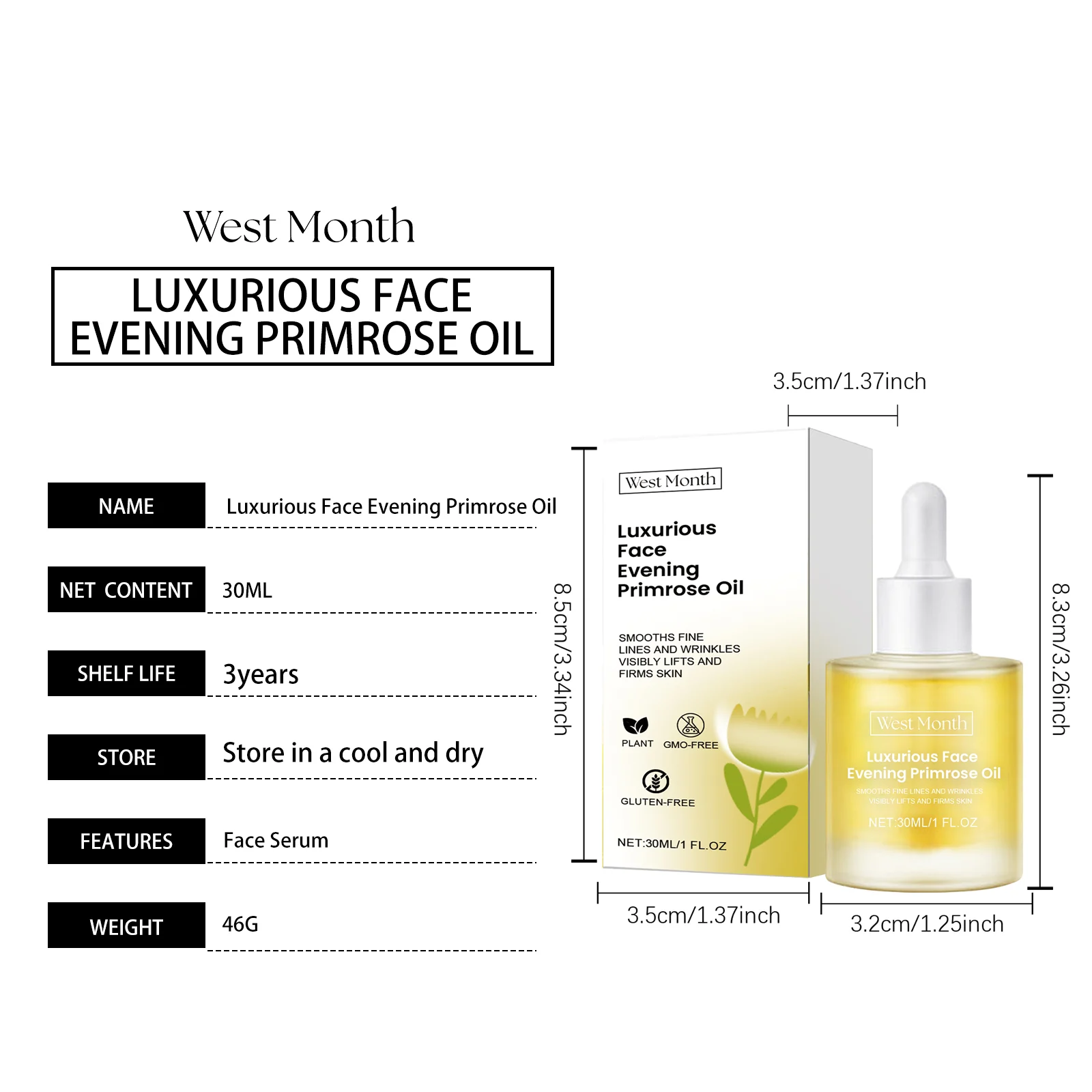 West Month Luxurious Face Evening Primrose Oil Serum - Smooths Fine Lines, Lifts & Firms Skin 1 evening primrose oil serum wes zhj49jkm desc 1