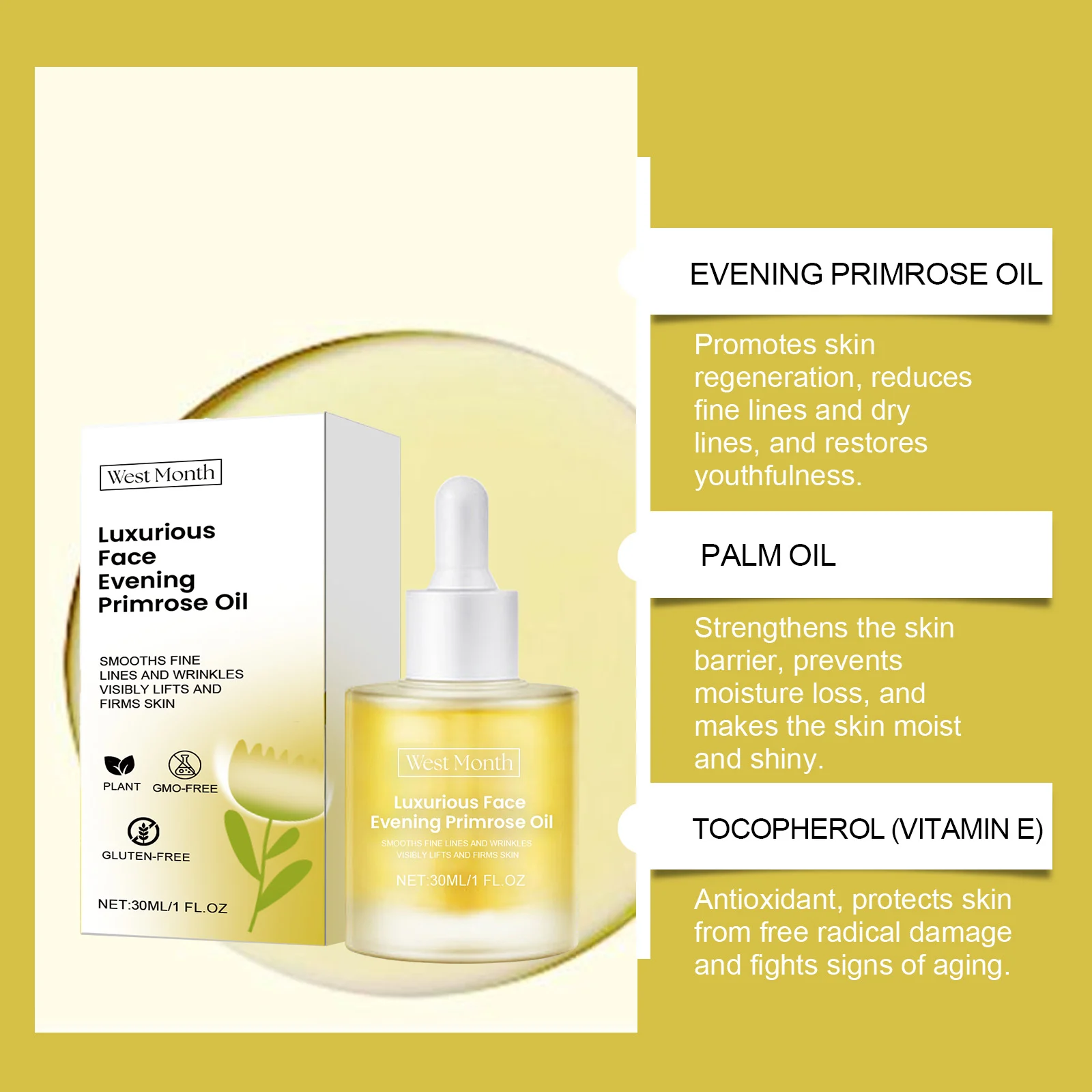 West Month Luxurious Face Evening Primrose Oil Serum - Smooths Fine Lines, Lifts & Firms Skin 8 evening primrose oil serum wes zhj49jkm desc 8