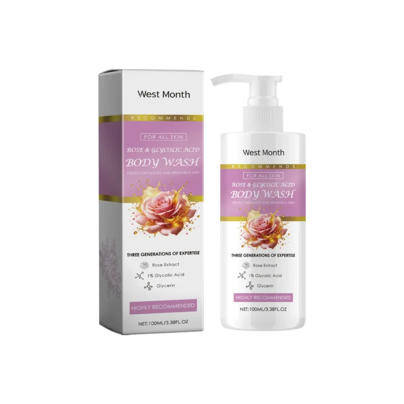West Month Exfoliating Body Wash with Rosewood & Glycolic Acid in a 100ml bottle for gentle skin renewal and hydration