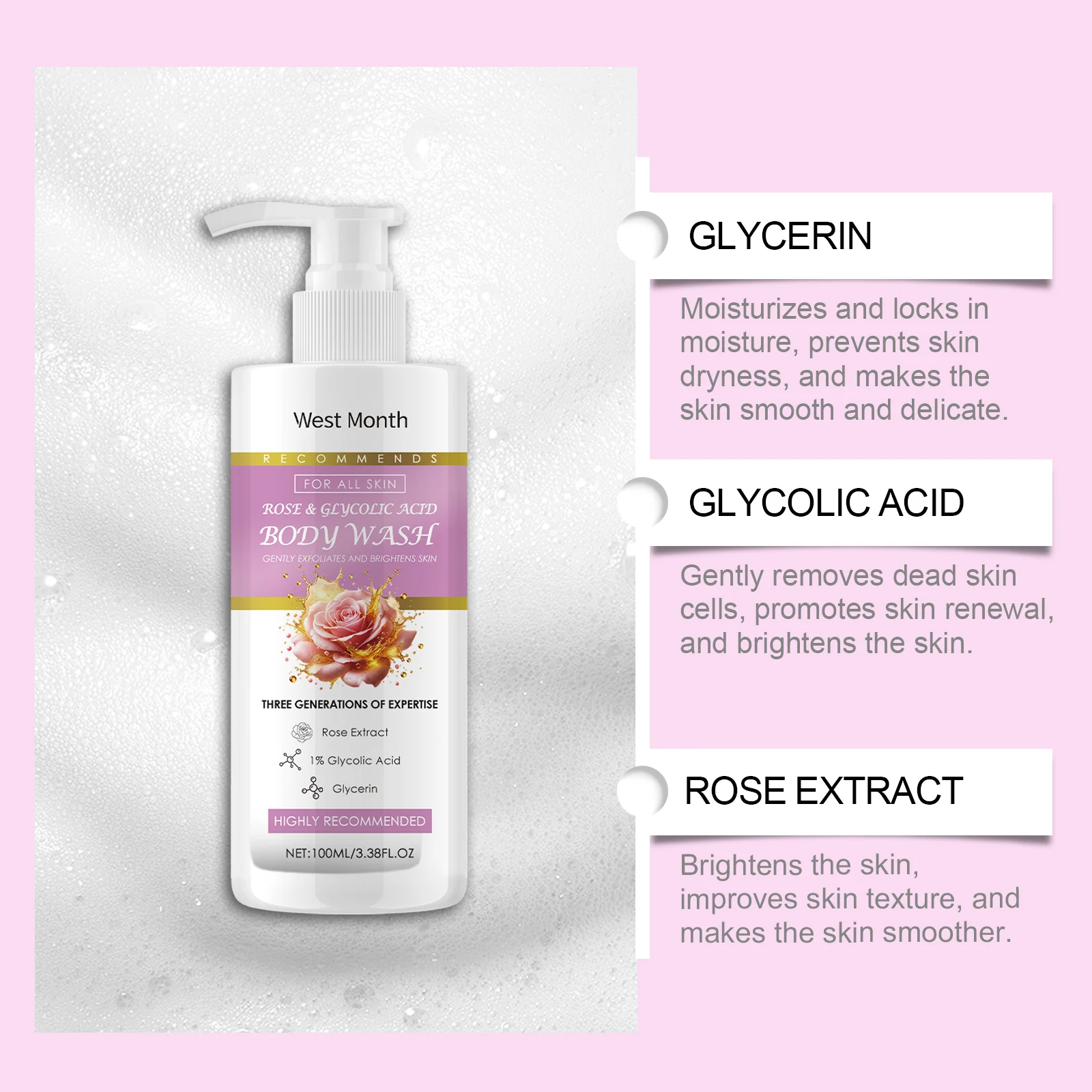 Exfoliating Body Wash with Rosewood & Glycolic Acid 100ml, Gentle Foaming Cleanser for Smooth, Hydrated Skin 8 exfoliating body wash rosewood glycolic acid 100ml wes e2jsv687 desc 8