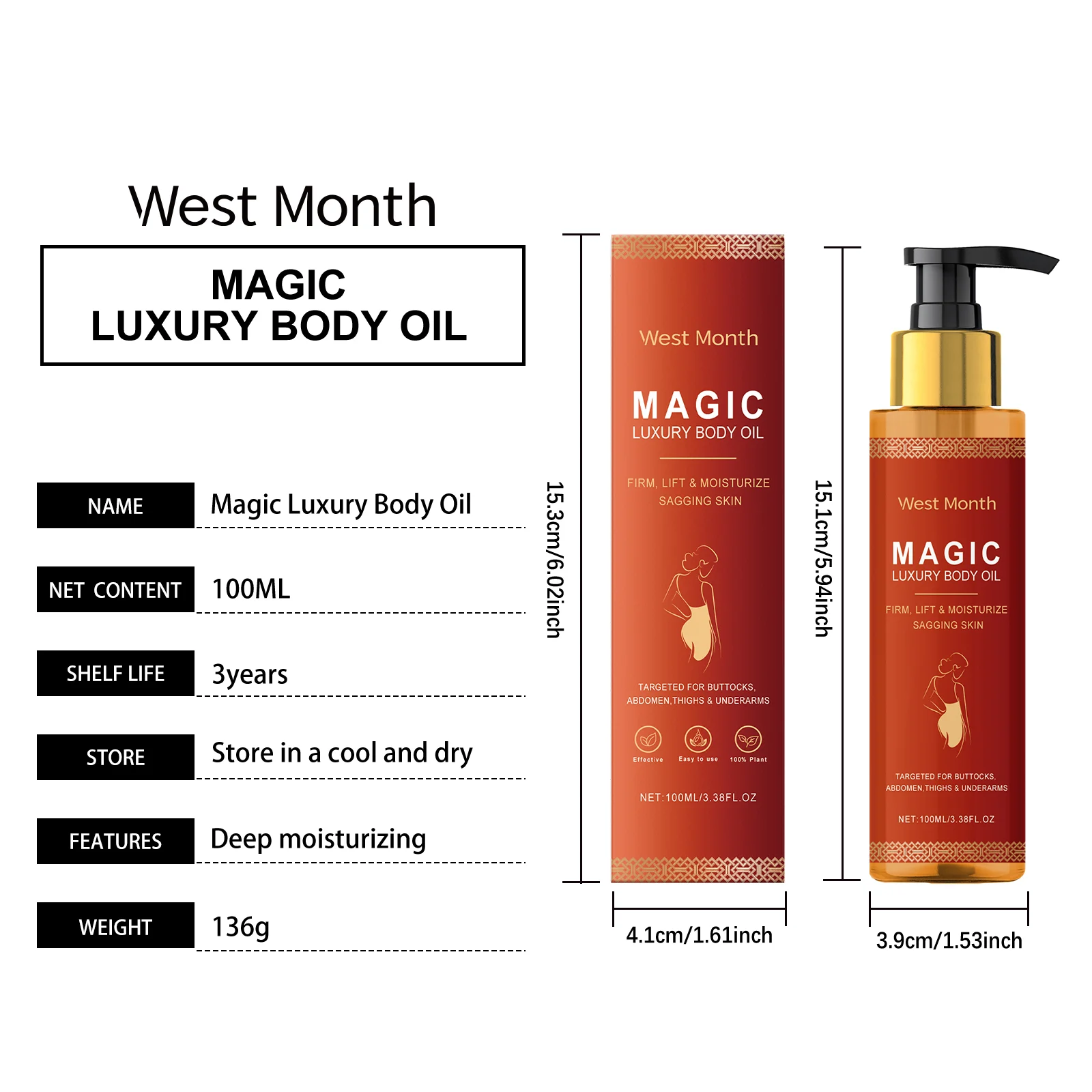West Month Magic Luxury Body Oil for Firming, Lifting & Moisturizing Skin 1 firming body oil wes k8udzu9g desc 1