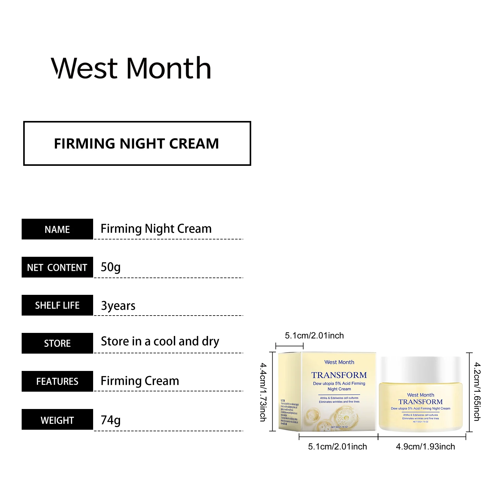 West Month Firming Night Cream with 5% AHA, Reduces Wrinkles & Brightens Skin 1 firming night cream wes m8tym5qe desc 1