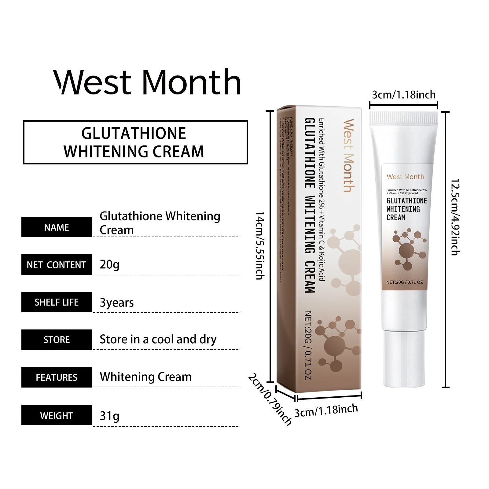 West Month Glutathione Whitening Cream with Vitamin C & Kojic Acid, Brightens & Evens Skin Tone 1 glutathione whitening cream wes up34ge6b desc 1