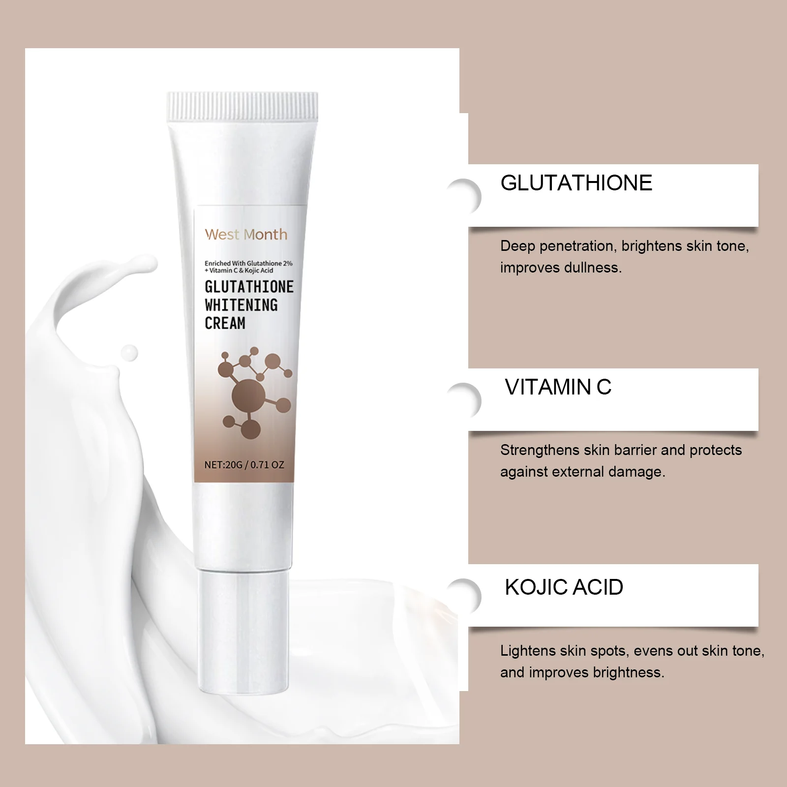 West Month Glutathione Whitening Cream with Vitamin C & Kojic Acid, Brightens & Evens Skin Tone 7 glutathione whitening cream wes up34ge6b desc 7