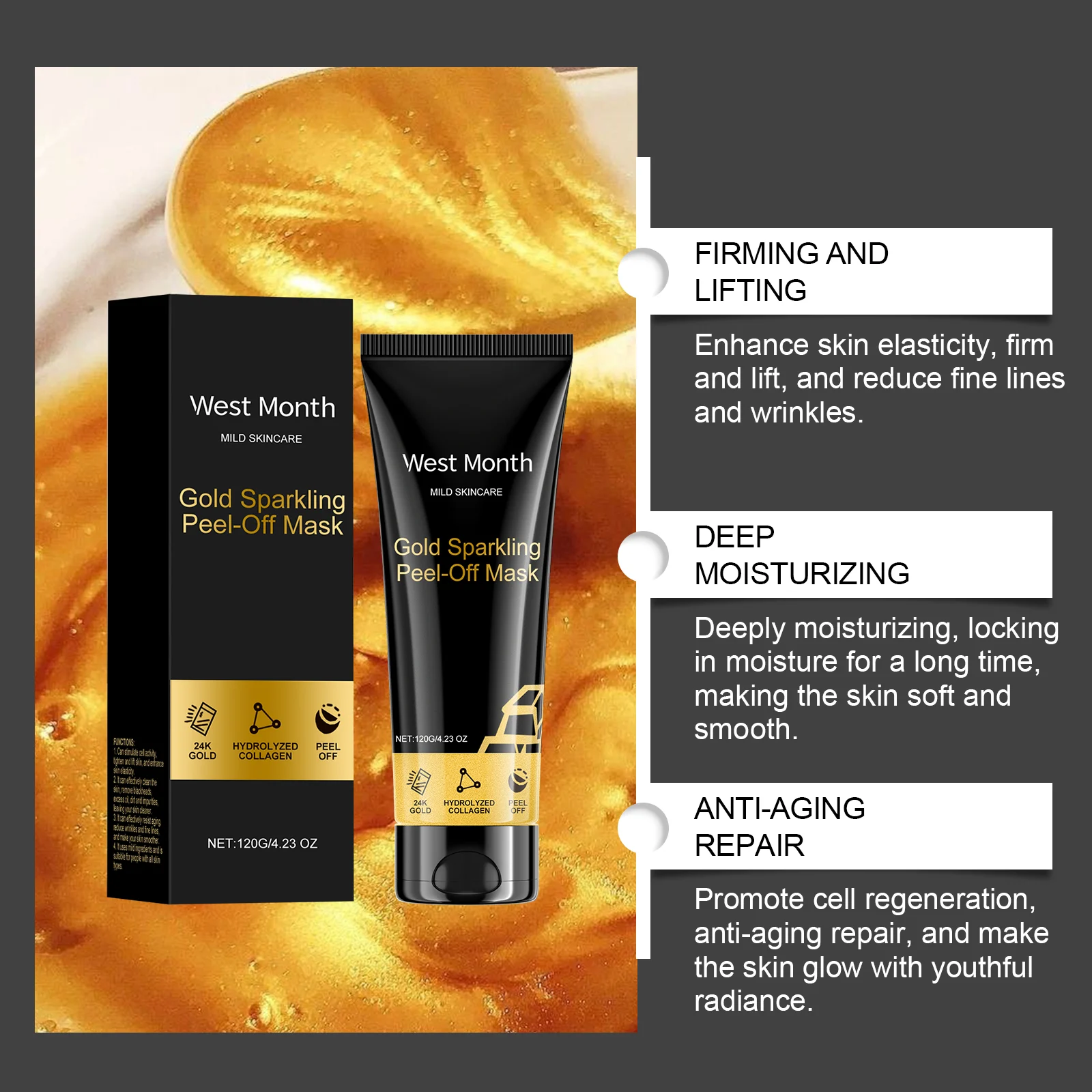 West Month 24K Gold Peel Off Mask Collagen Firming Moisturizing Mask 8 gold peel off mask wes uhsh4hs8 desc 8