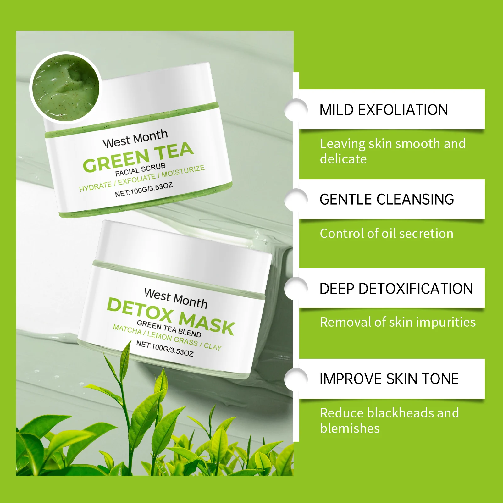 Green Tea Cleansing Kit Deep Detoxifying Facial Scrub & Mask Set for Oily Skin 5 green tea cleansing kit deep detoxifying facial scrub mask set wes uf4t2mtg desc 5