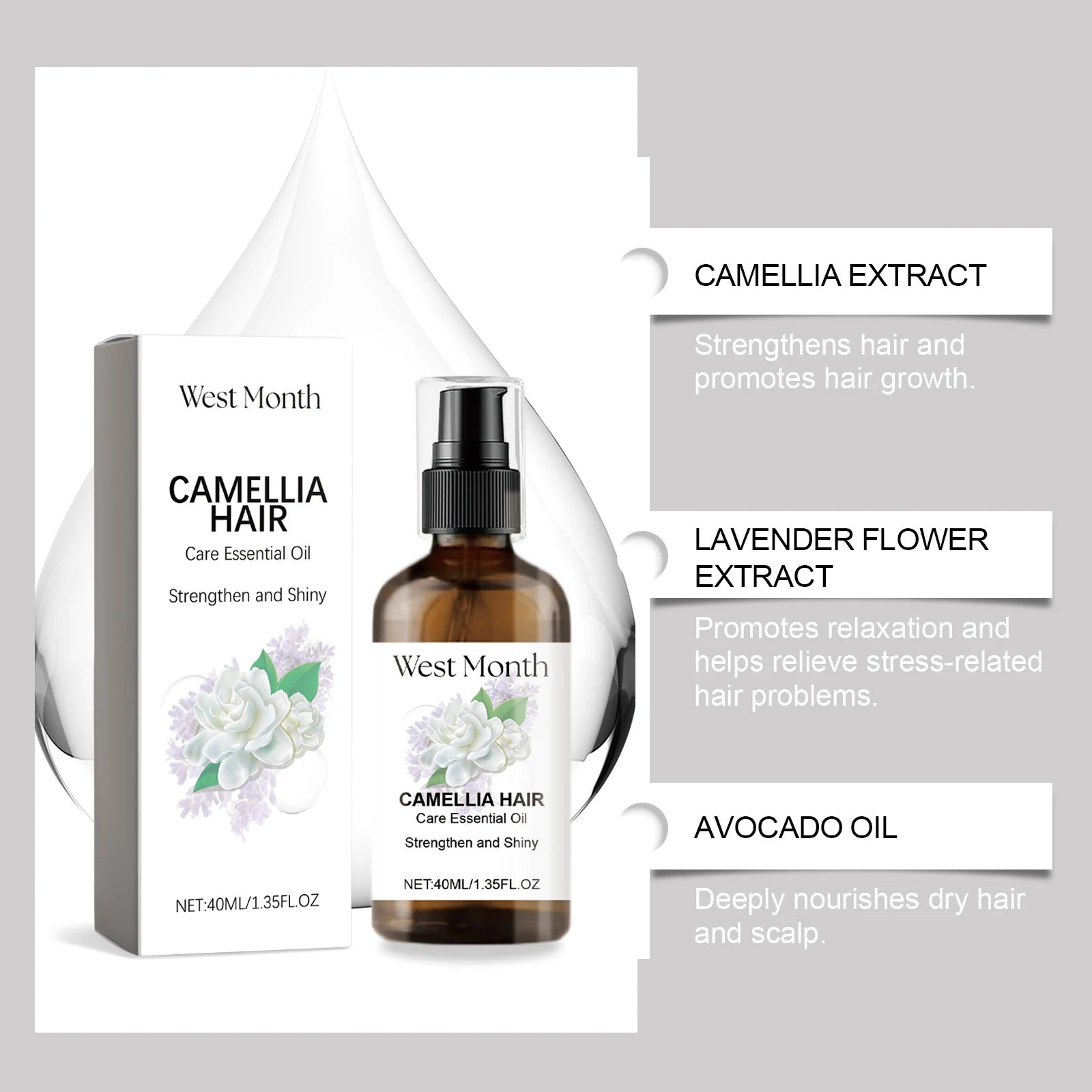West Month Camellia Hair Care Essential Oil - Strengthen, Nourish & Shine 5 hair care essential oil wes t86p8c47 desc 5