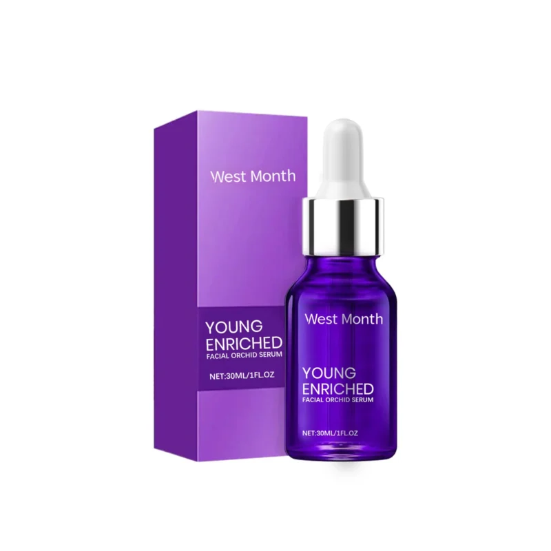 West Month Hydrating Facial Serum 30ml in a sleek bottle, designed to moisturize, firm, and brighten skin with key ingredients like orchid extract, hyaluronic acid, and vitamin E.