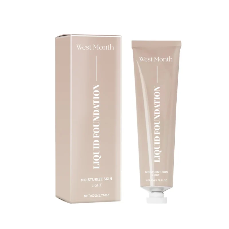 A sleek bottle of West Month Long Lasting Liquid Foundation showcasing its lightweight, hydrating formula for all-day wear.
