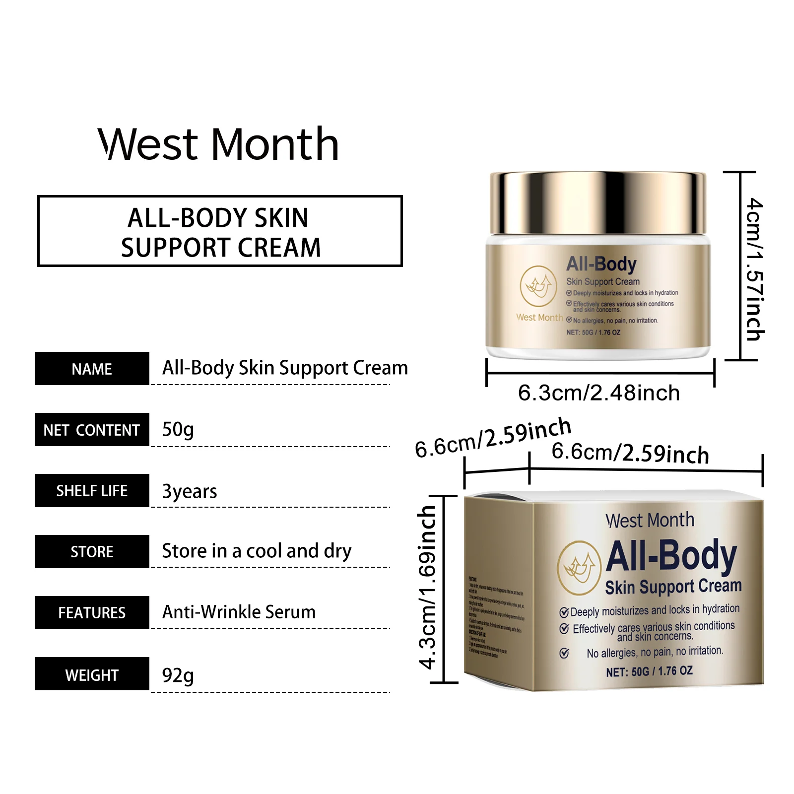 West Month All Body Skin Support Cream - Deep Moisturizing, Anti-Wrinkle, Firming Face & Body Cream 1 moisturizing skin support cream wes 2xwx6pam desc 1
