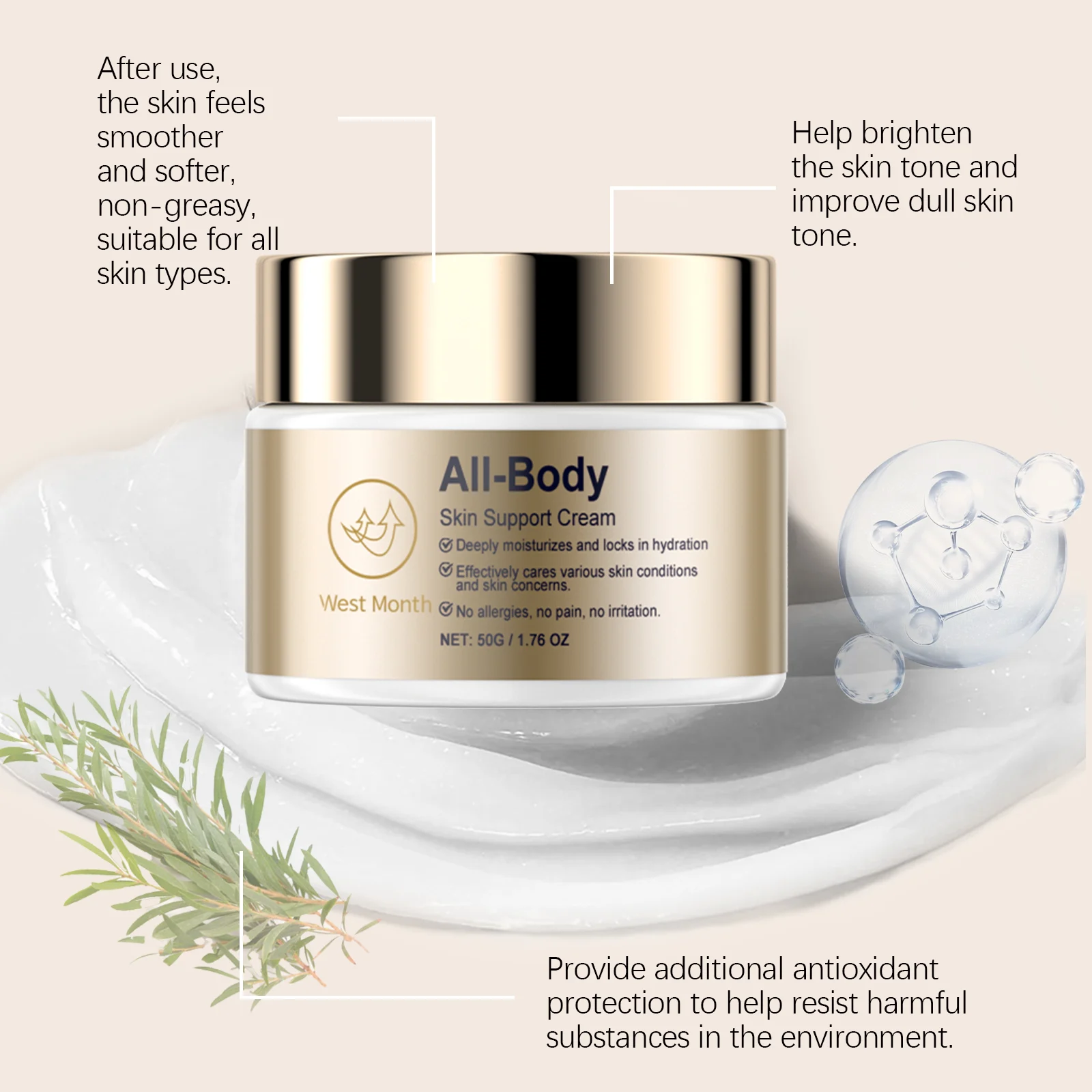 West Month All Body Skin Support Cream - Deep Moisturizing, Anti-Wrinkle, Firming Face & Body Cream 8 moisturizing skin support cream wes 2xwx6pam desc 8