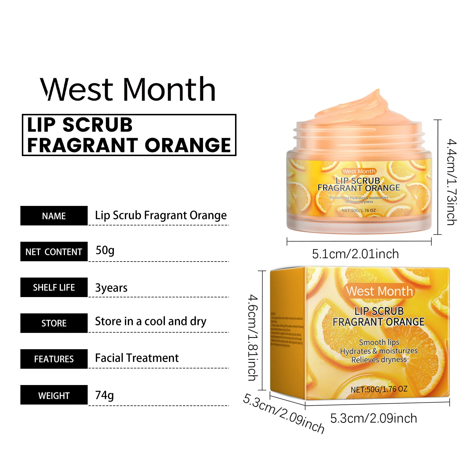 West Month Orange Lip Scrub - Hydrating Exfoliator for Dry, Chapped Lips 1 orange lip scrub exfoliator wes mak8vf7a desc 1